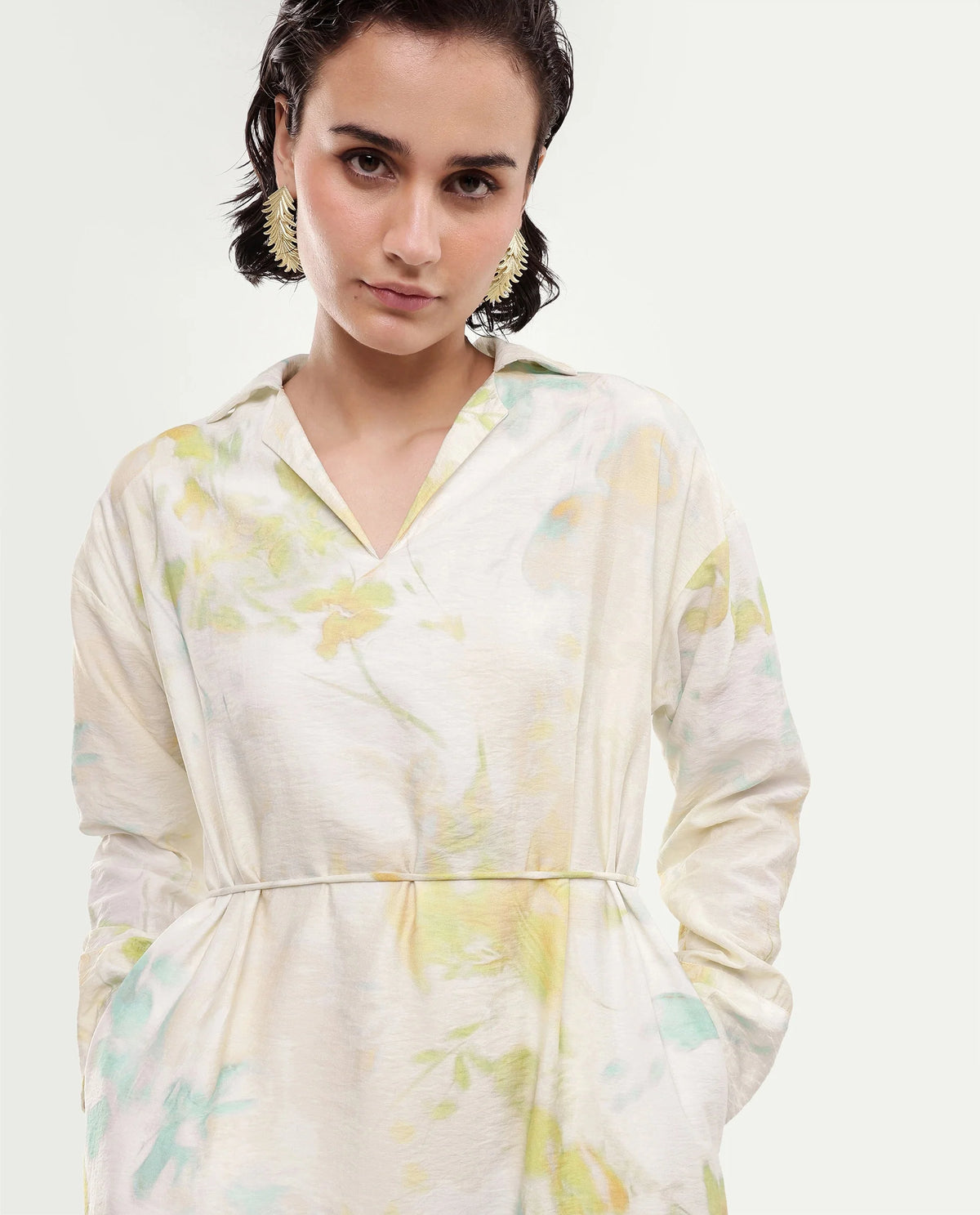 Rareism Women's Hrix Light Green Viscose Blend Lapel Neck A-Line All Over Print Dress