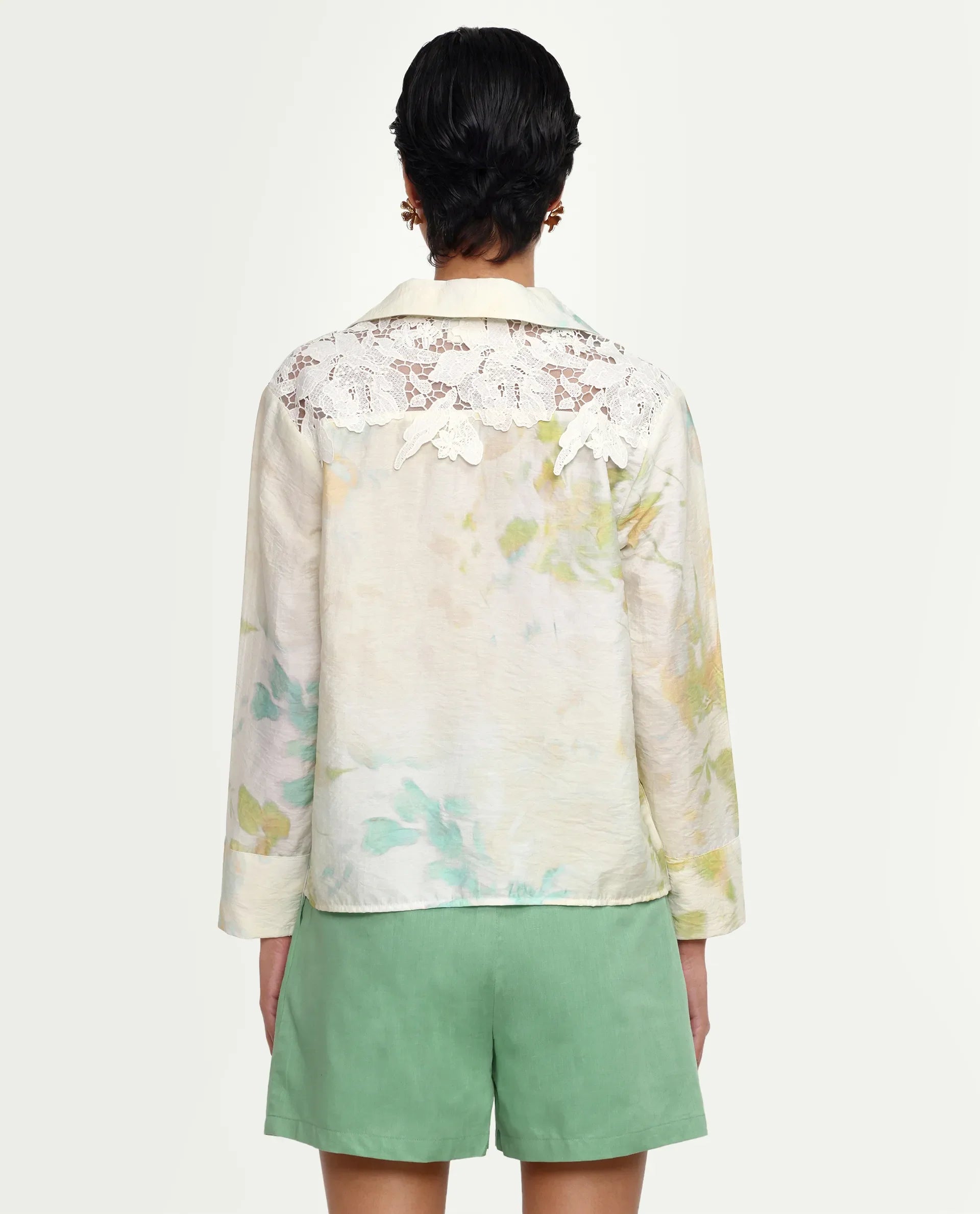 Rareism Women's Hrixo Light Green Viscose Blend Johnny Collar Relaxed All Over Print Top