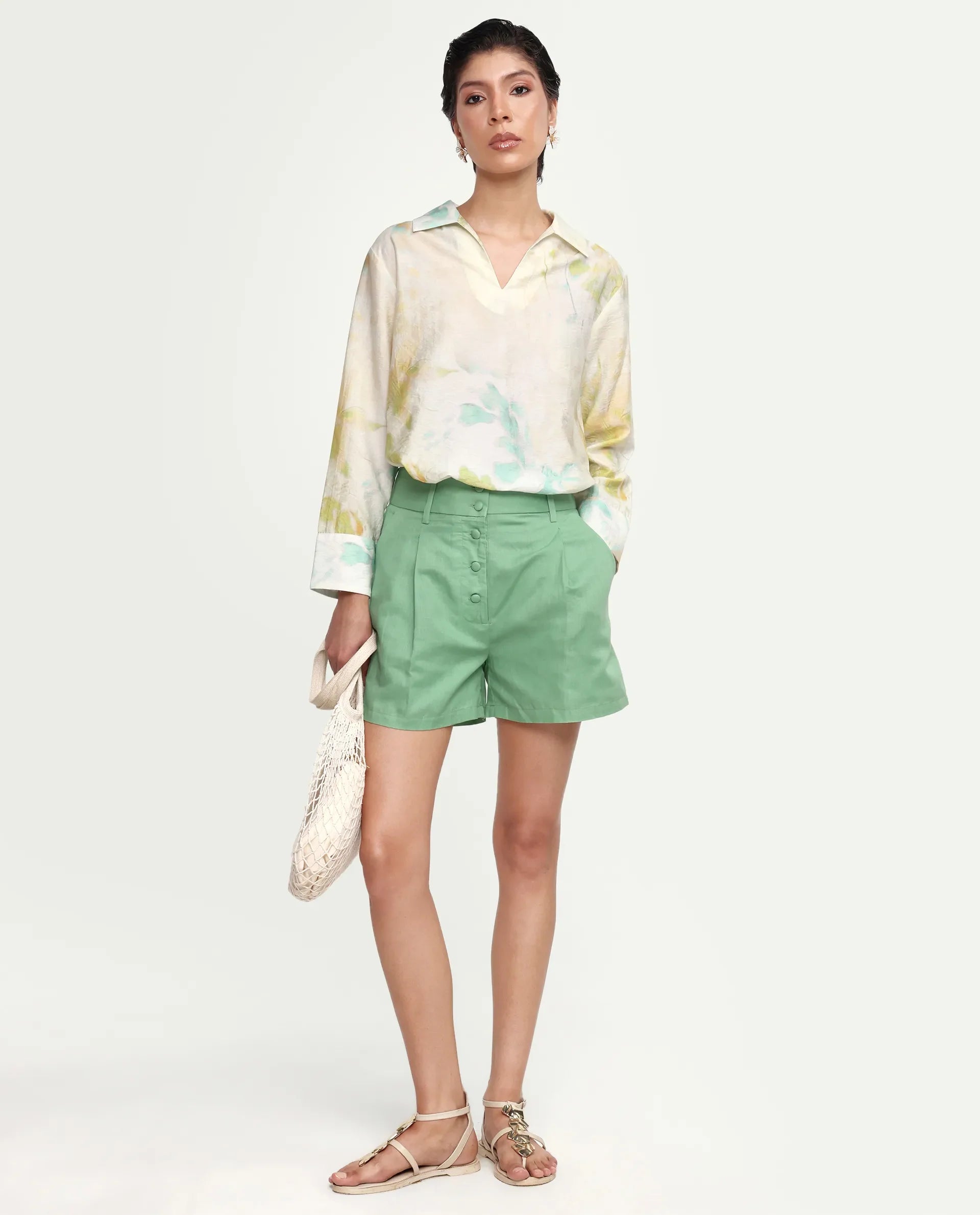 Rareism Women's Hrixo Light Green Viscose Blend Johnny Collar Relaxed All Over Print Top