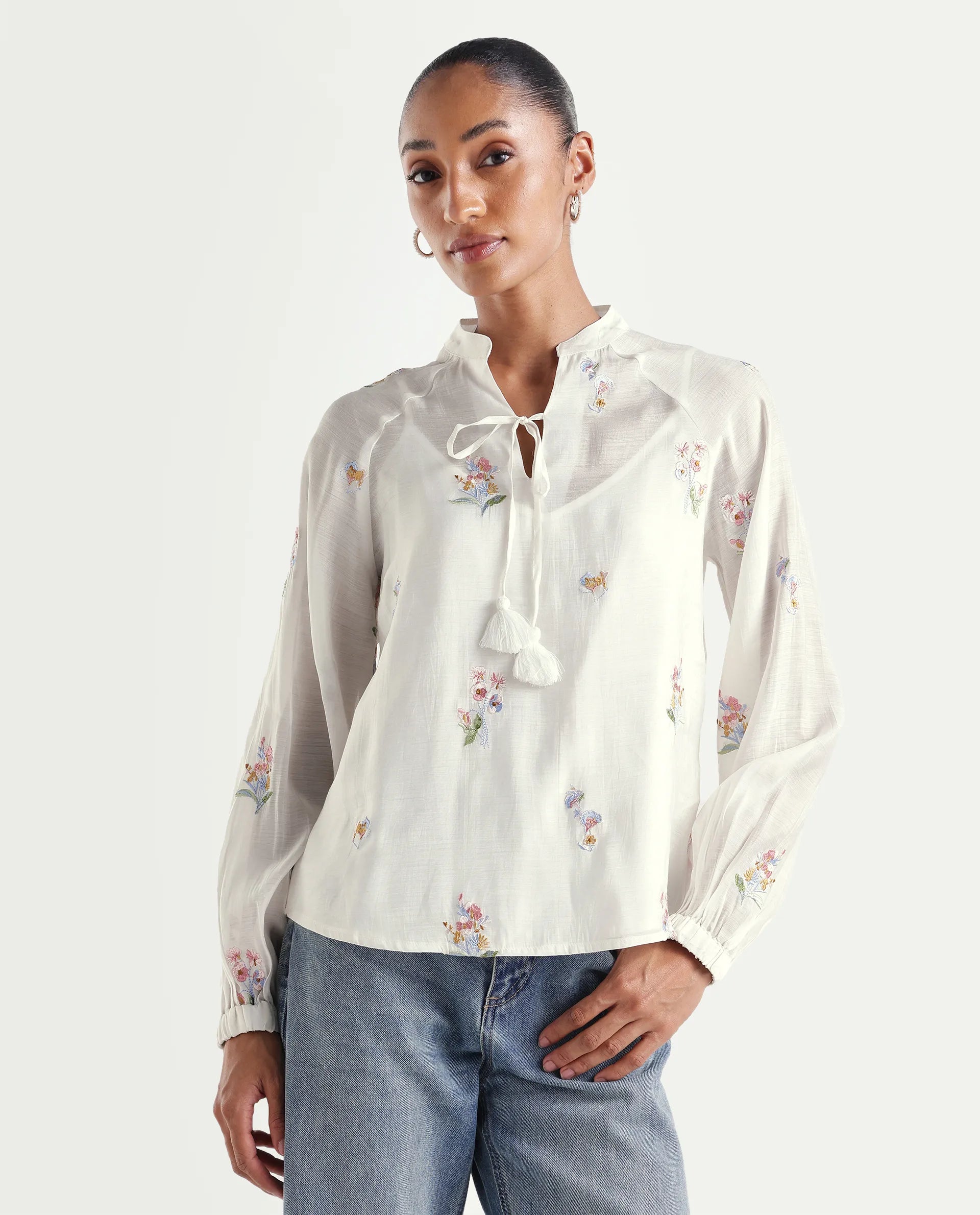 Rareism Women's Hura Off White Viscose Blend Band Collar Regular Plain Top