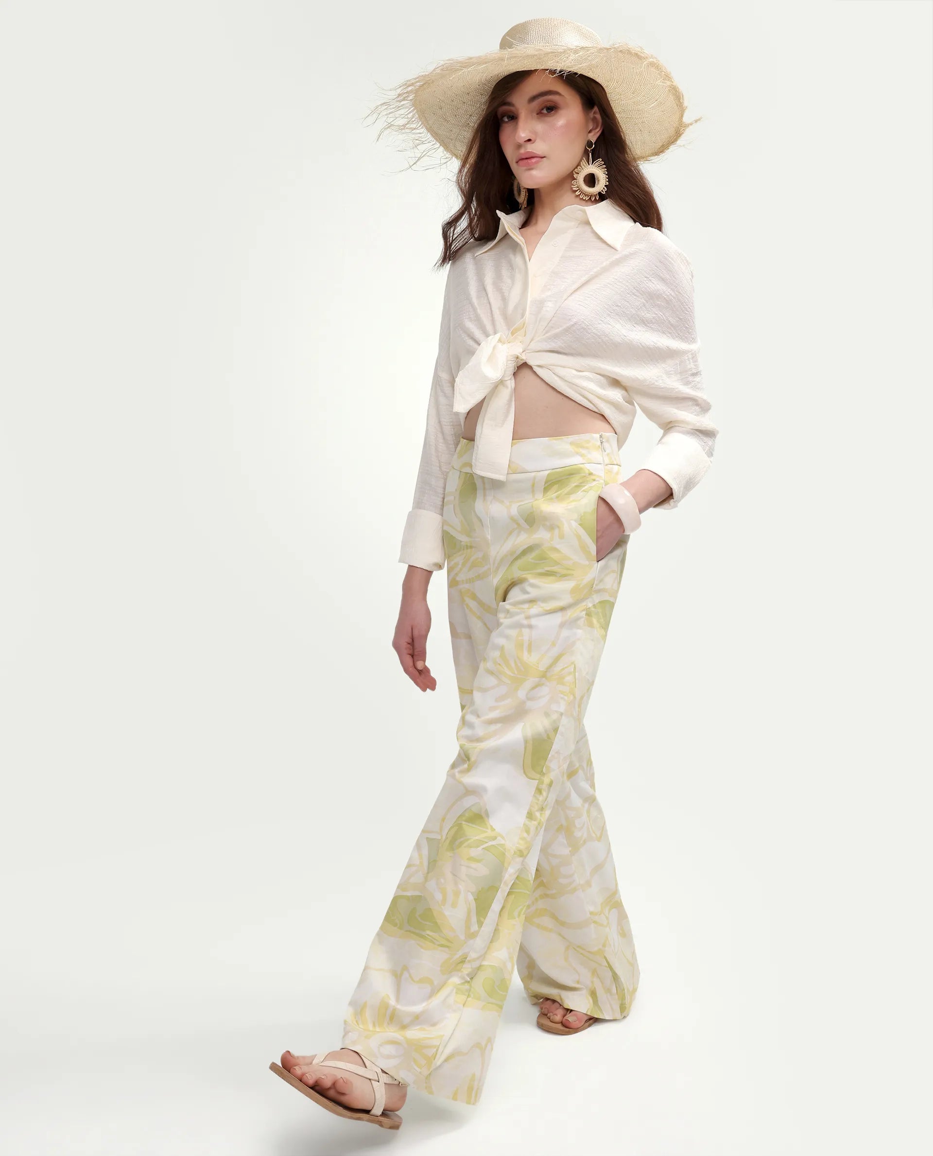 Rareism Women's Hyce-B Light Green Cotton Wide Leg Abstract Print Trouser