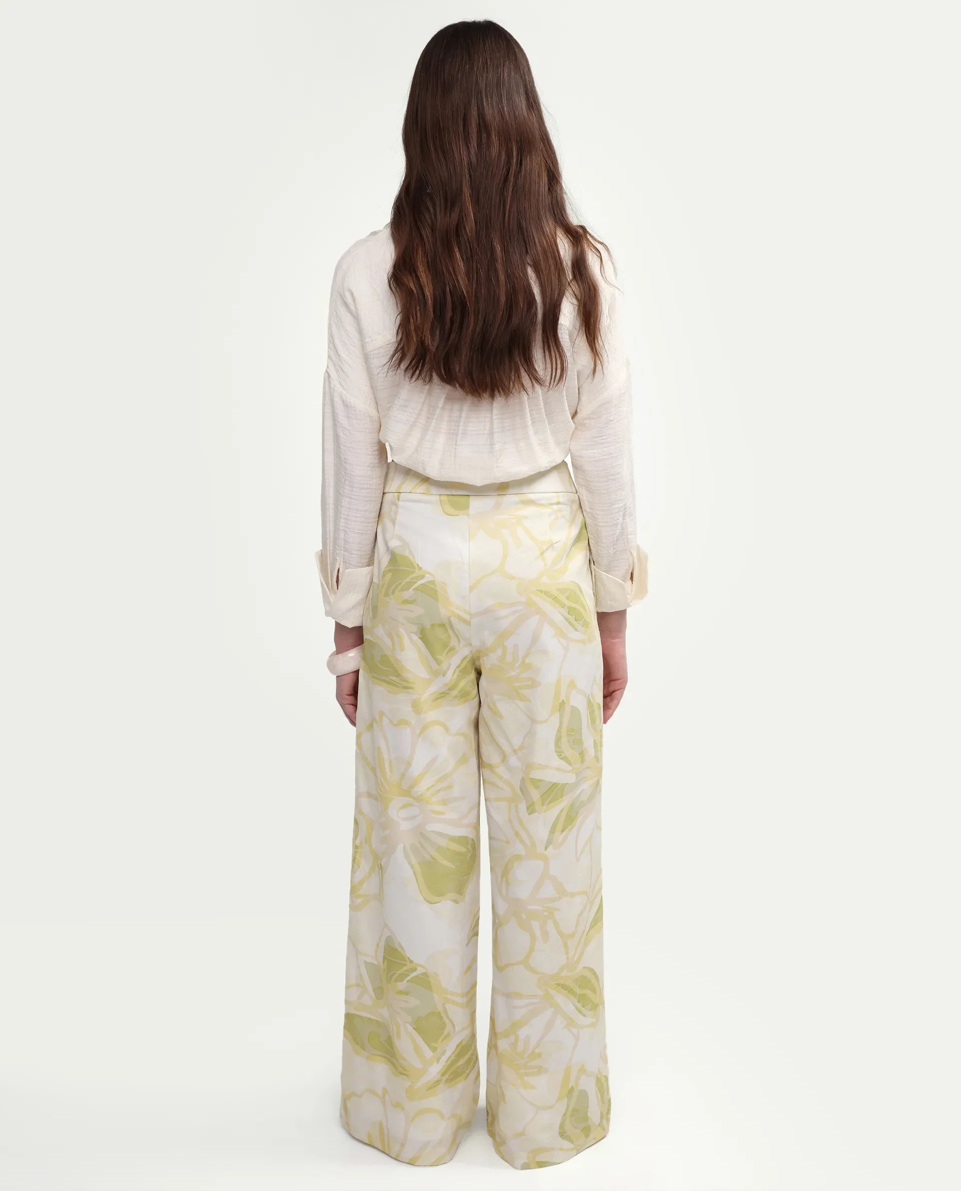 Rareism Women's Hyce-B Light Green Cotton Wide Leg Abstract Print Trouser