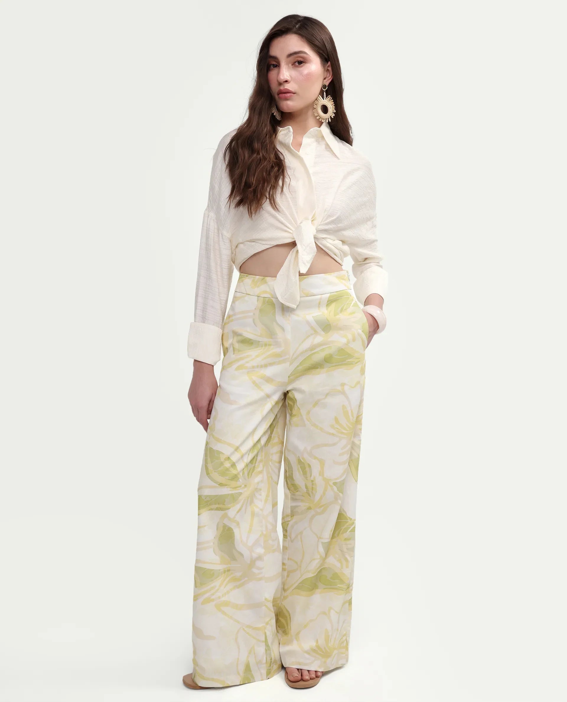 Rareism Women's Hyce-B Light Green Cotton Wide Leg Abstract Print Trouser