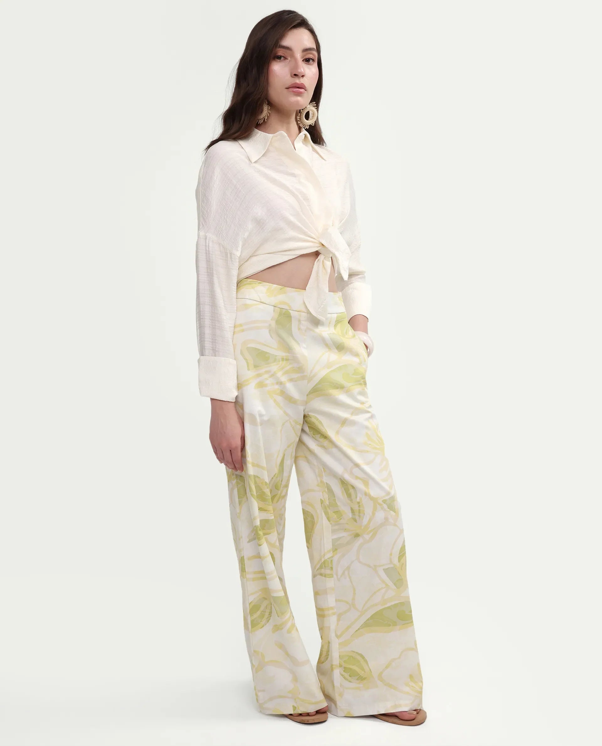 Rareism Women's Hyce-B Light Green Cotton Wide Leg Abstract Print Trouser
