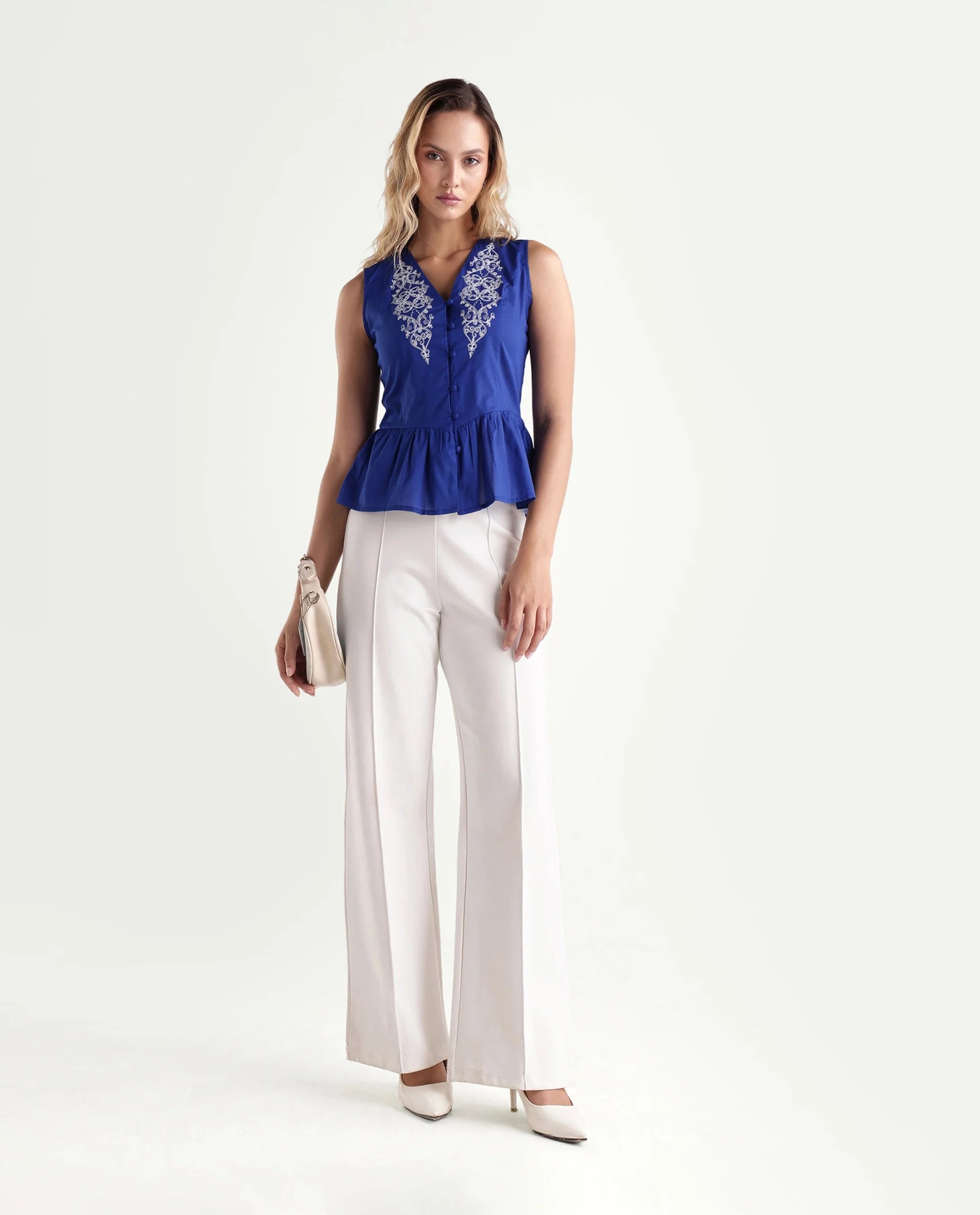 Rareism Women's Kael Blue Cotton Fabric V-Neck Regular Fit Embroidered Top