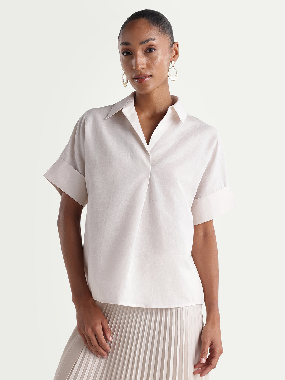 Rareism Women's Kasa Beige Cotton Blend Johnny Collar Regular Plain Top