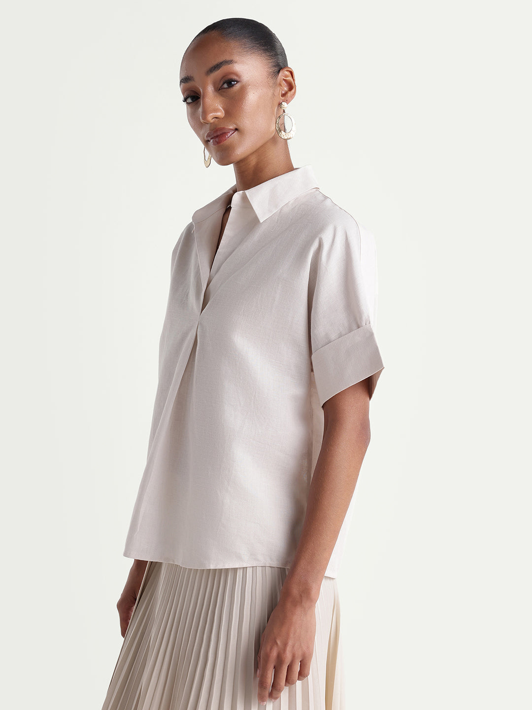 Rareism Women's Kasa Beige Linen Blend Johnny Collar Regular Plain Top