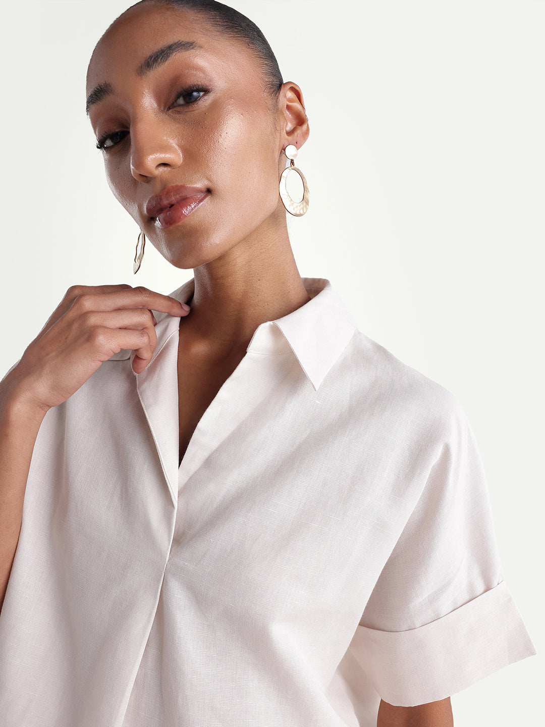 Rareism Women's Kasa Beige Cotton Blend Johnny Collar Regular Plain Top