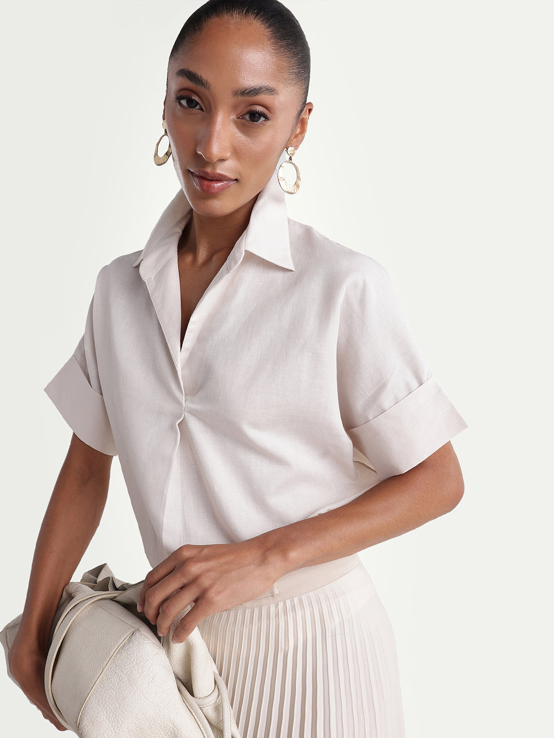 Rareism Women's Kasa Beige Cotton Blend Johnny Collar Regular Plain Top