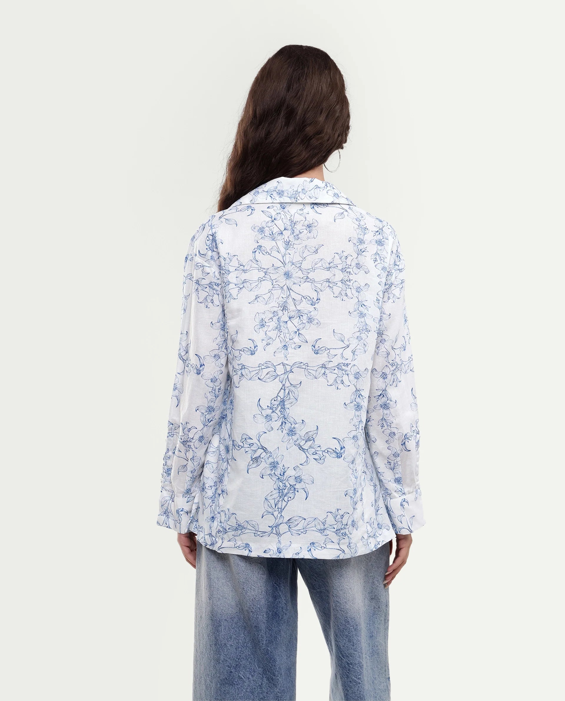 Rareism Women's Kazz Off White Linen Spread Collar Regular Fit Floral Print Top