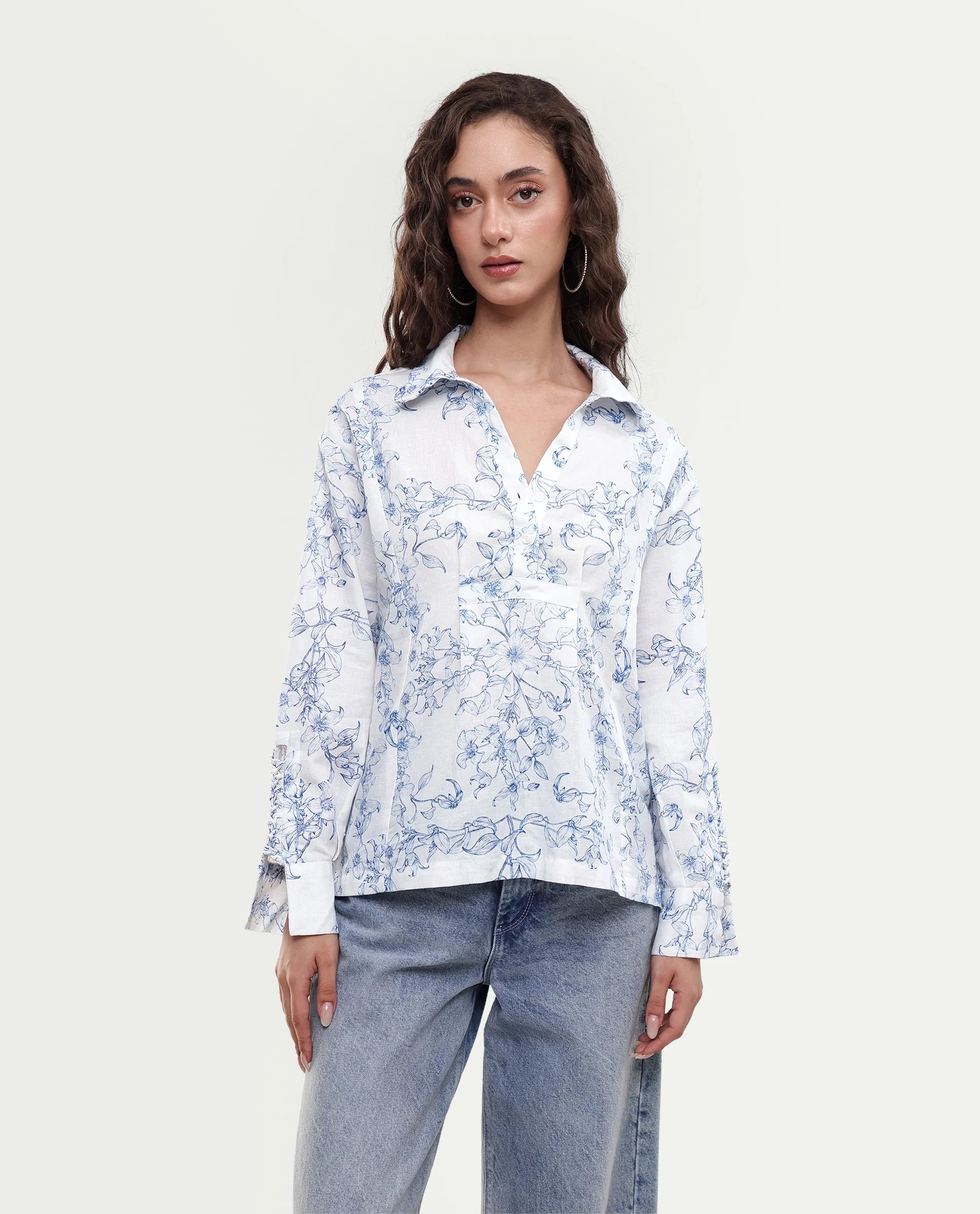 Rareism Women's Kazz Off White Linen Spread Collar Regular Fit Floral Print Top