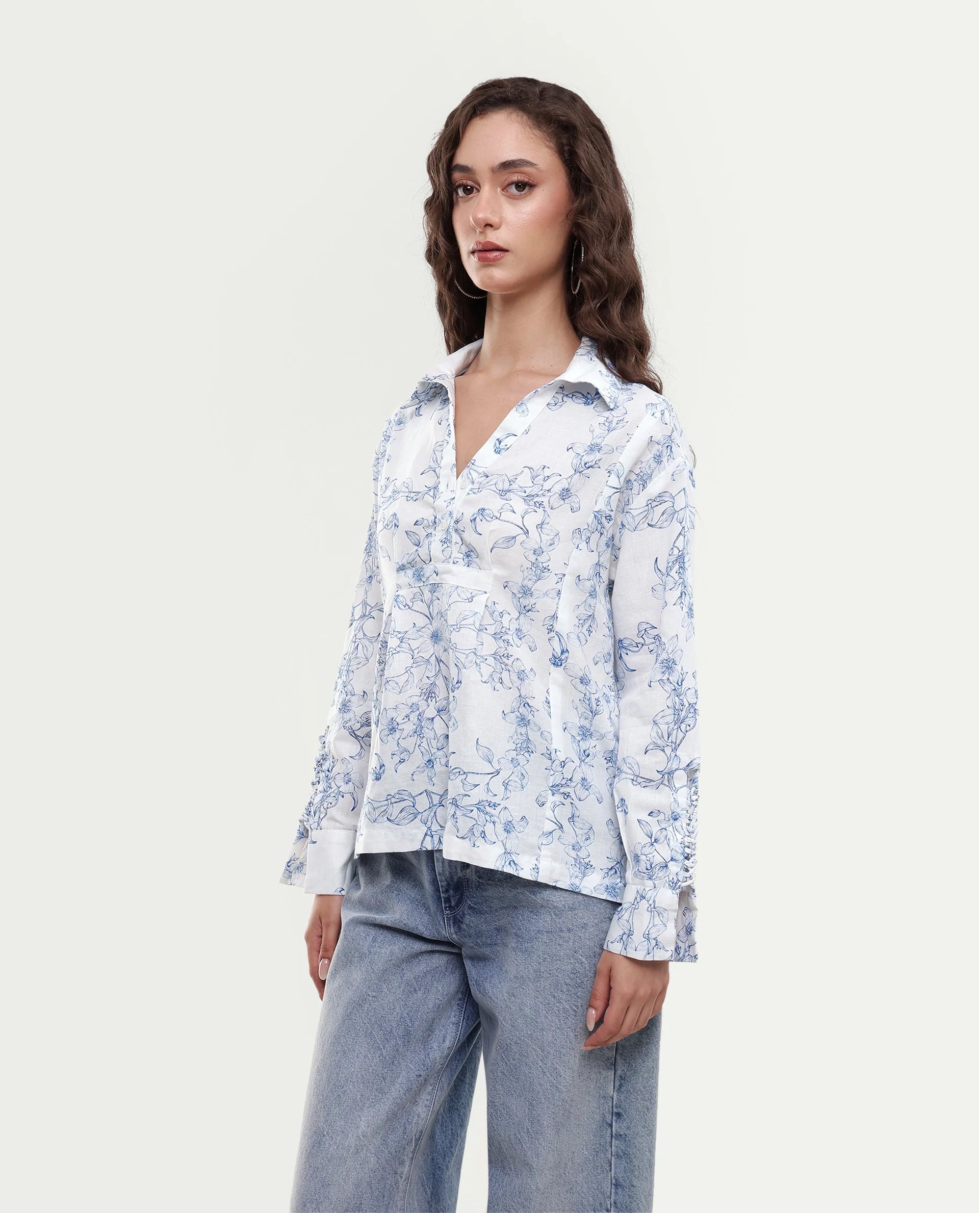 Rareism Women's Kazz Off White Linen Spread Collar Regular Fit Floral Print Top