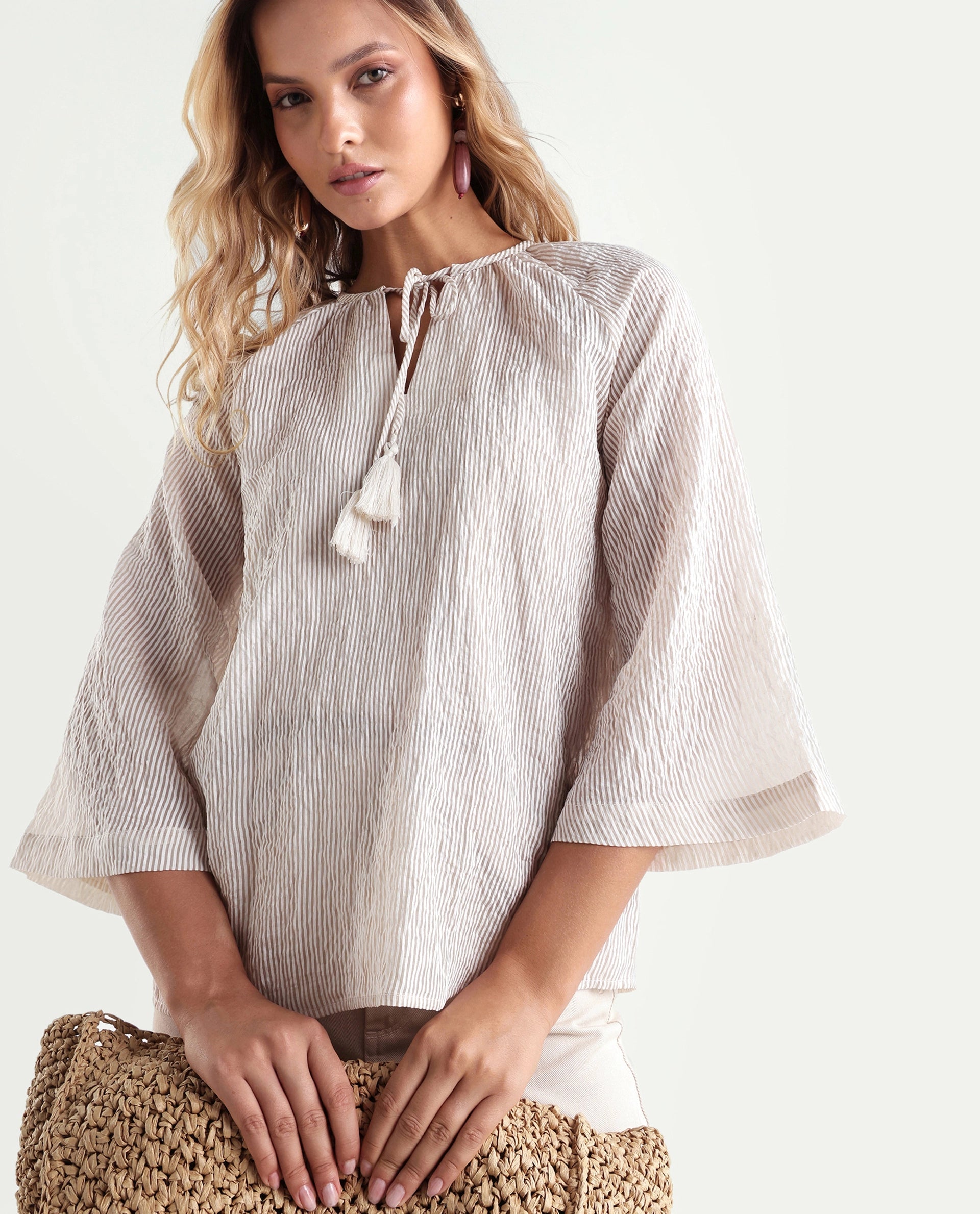 Rareism Women's Kelo Beige Striped Nylon Blend Regular Three Quarter Sleeve Top