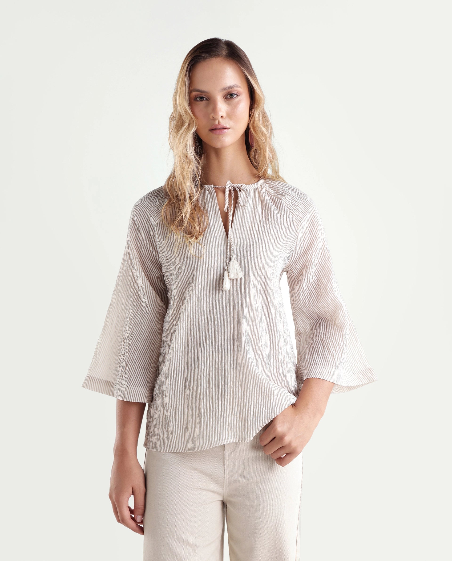 Rareism Women's Kelo Beige Striped Nylon Blend Regular Three Quarter Sleeve Top