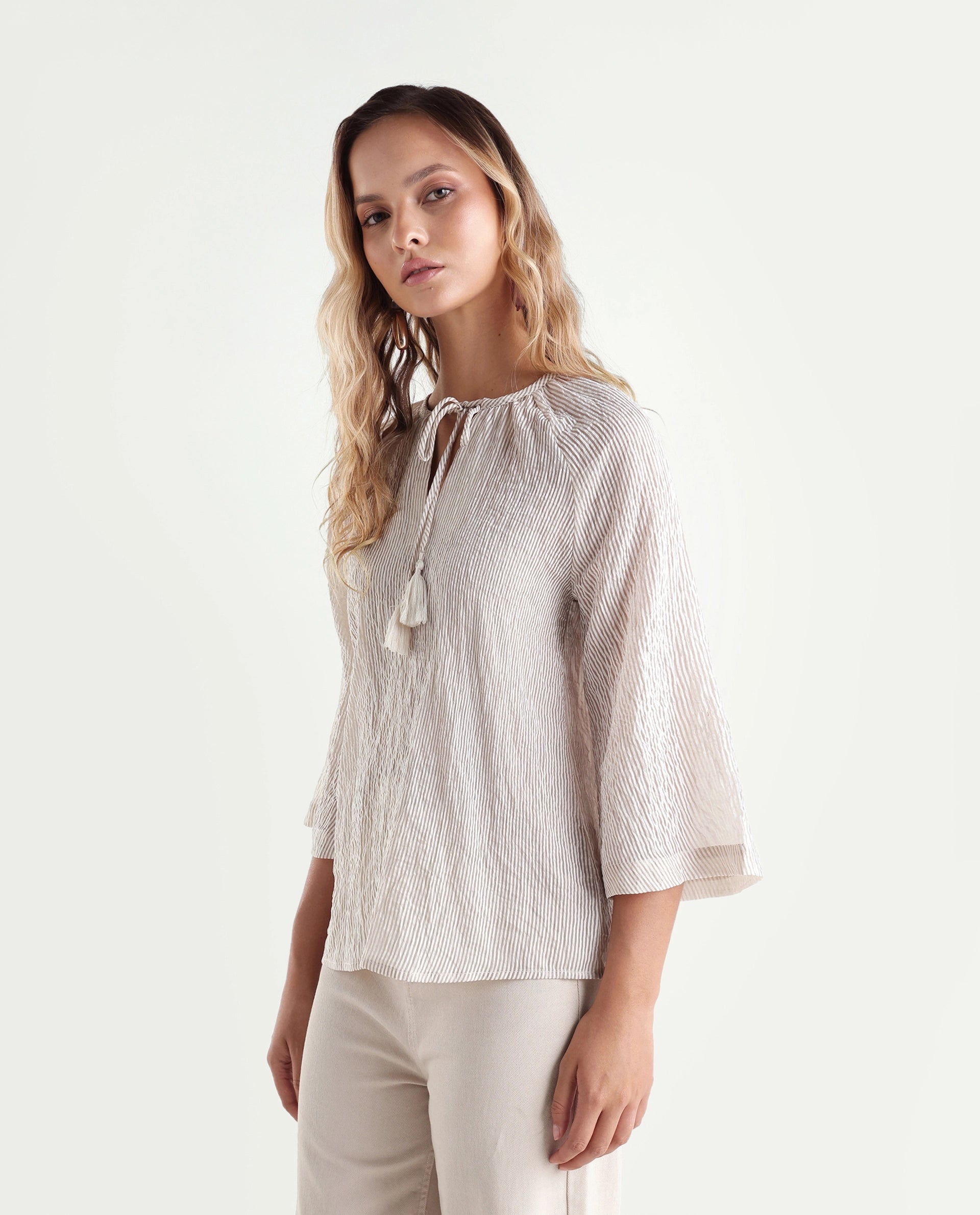 Rareism Women's Kelo Beige Striped Viscose Blend Regular Three Quarter Sleeve Top