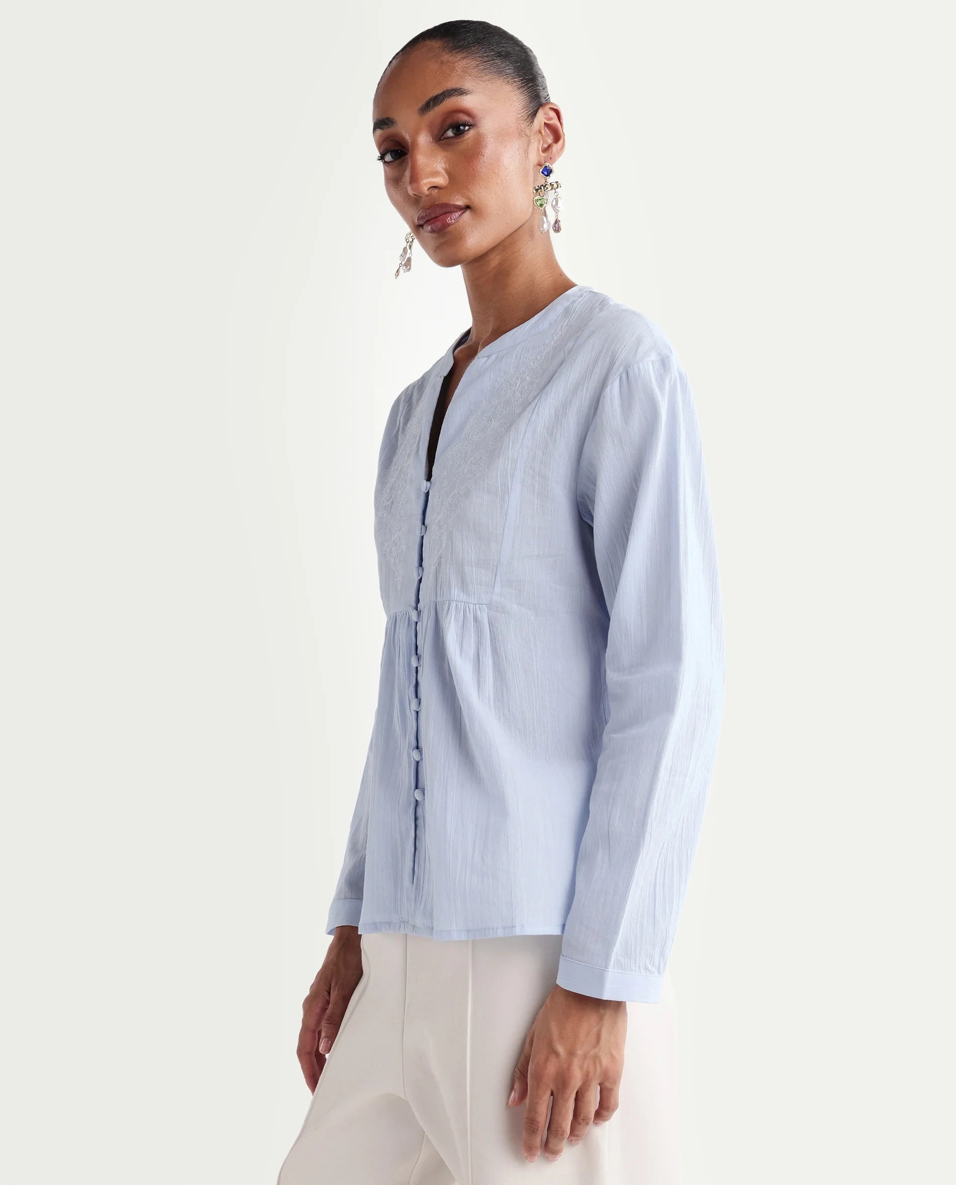 Rareism Women's Kenz Light Blue Cotton V-Neck Regular Abstract Print Top