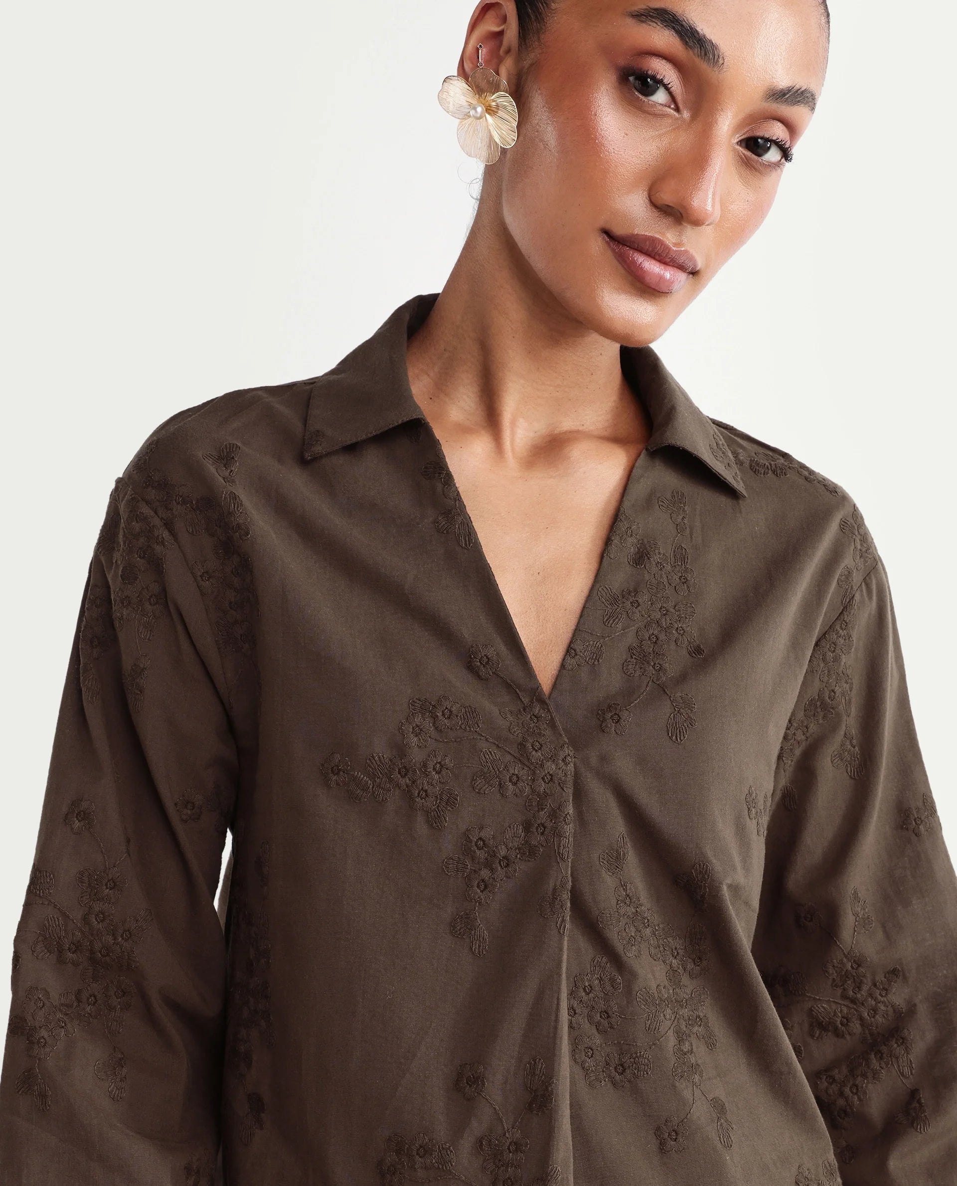 Rareism Women's Norru Brown Cotton Johnny Collar Regular Embroidered Top