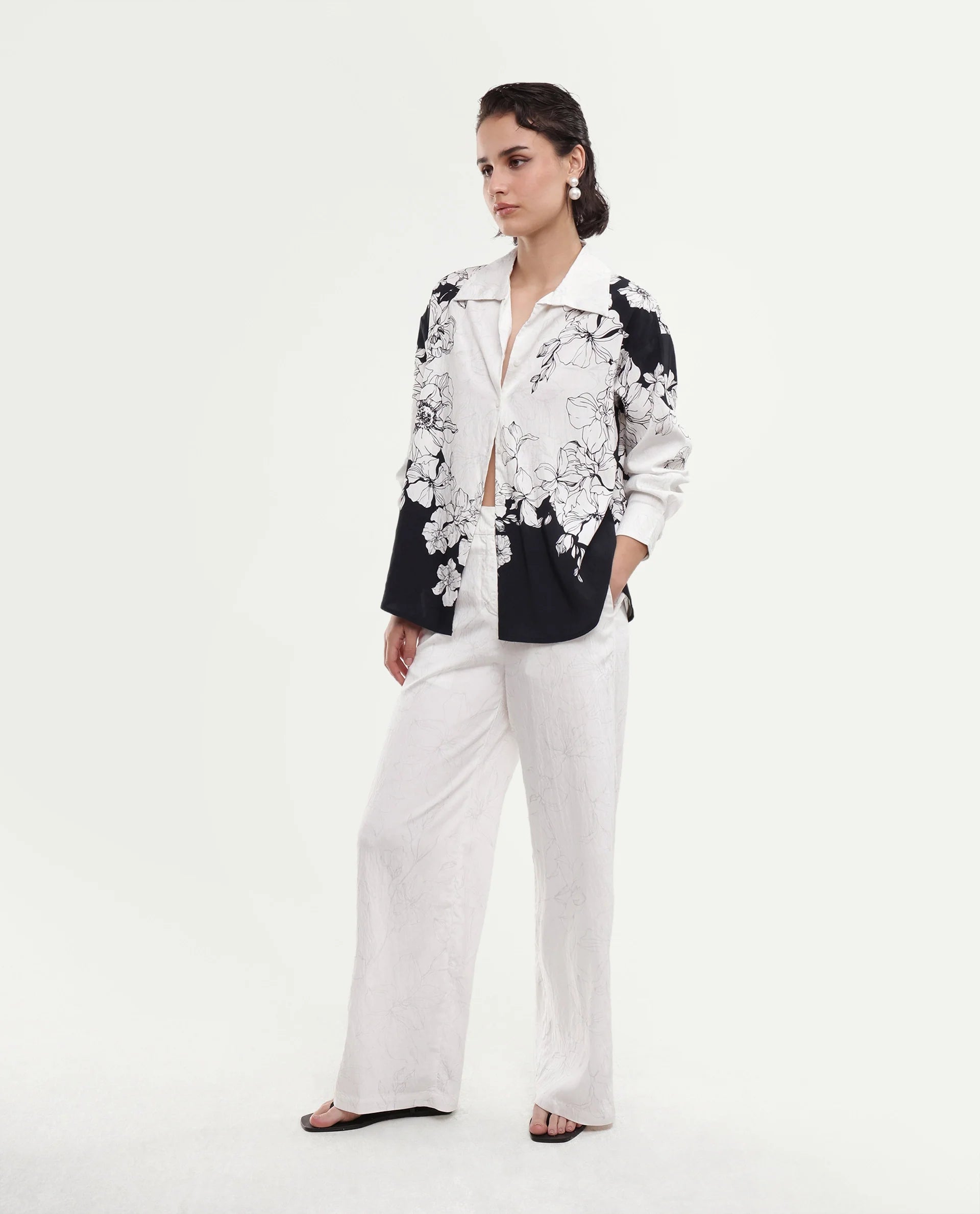 Rareism Women's Camiya-B White Viscose Blend Wide Printed Trouser