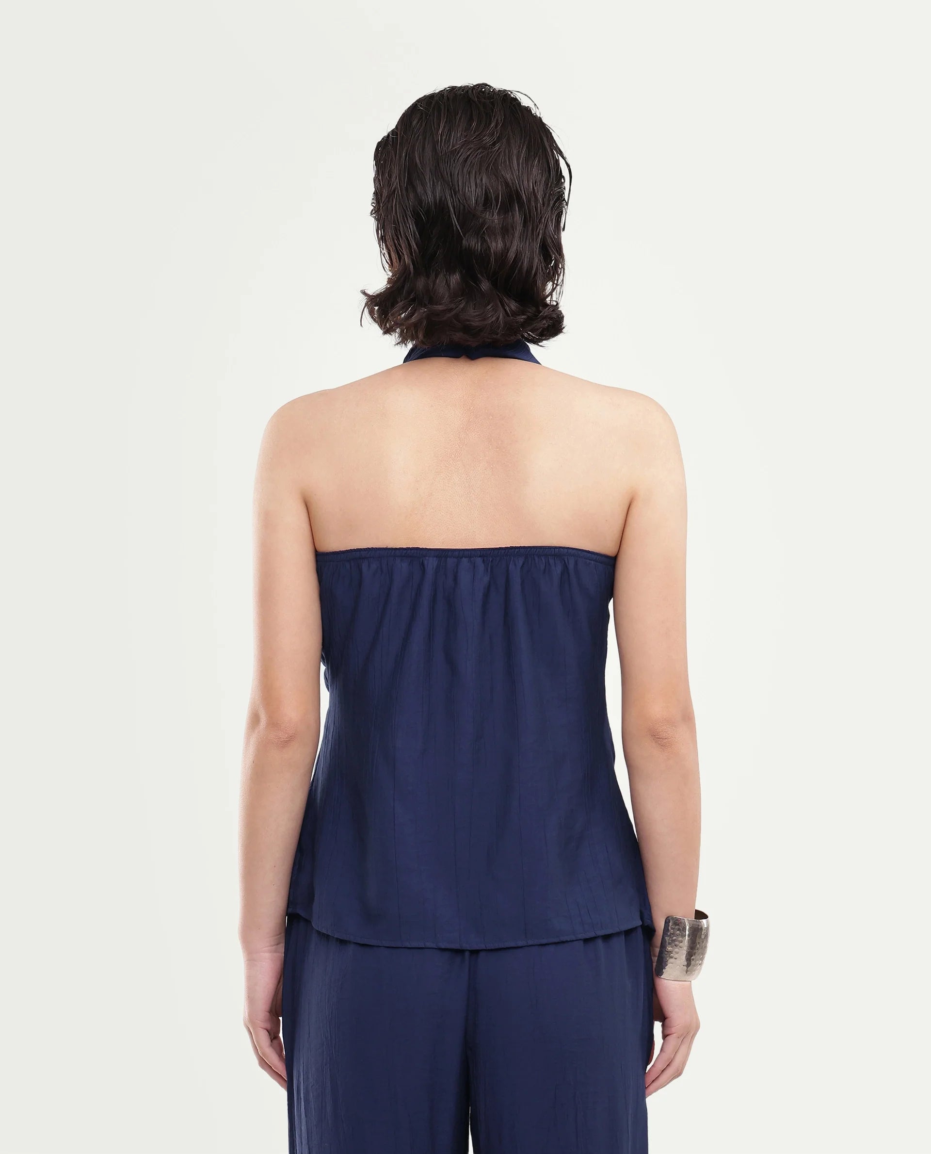 Rareism Women's Kimo-T Navy Nylon Blend Fabric Halter Neck Regular Plain Top