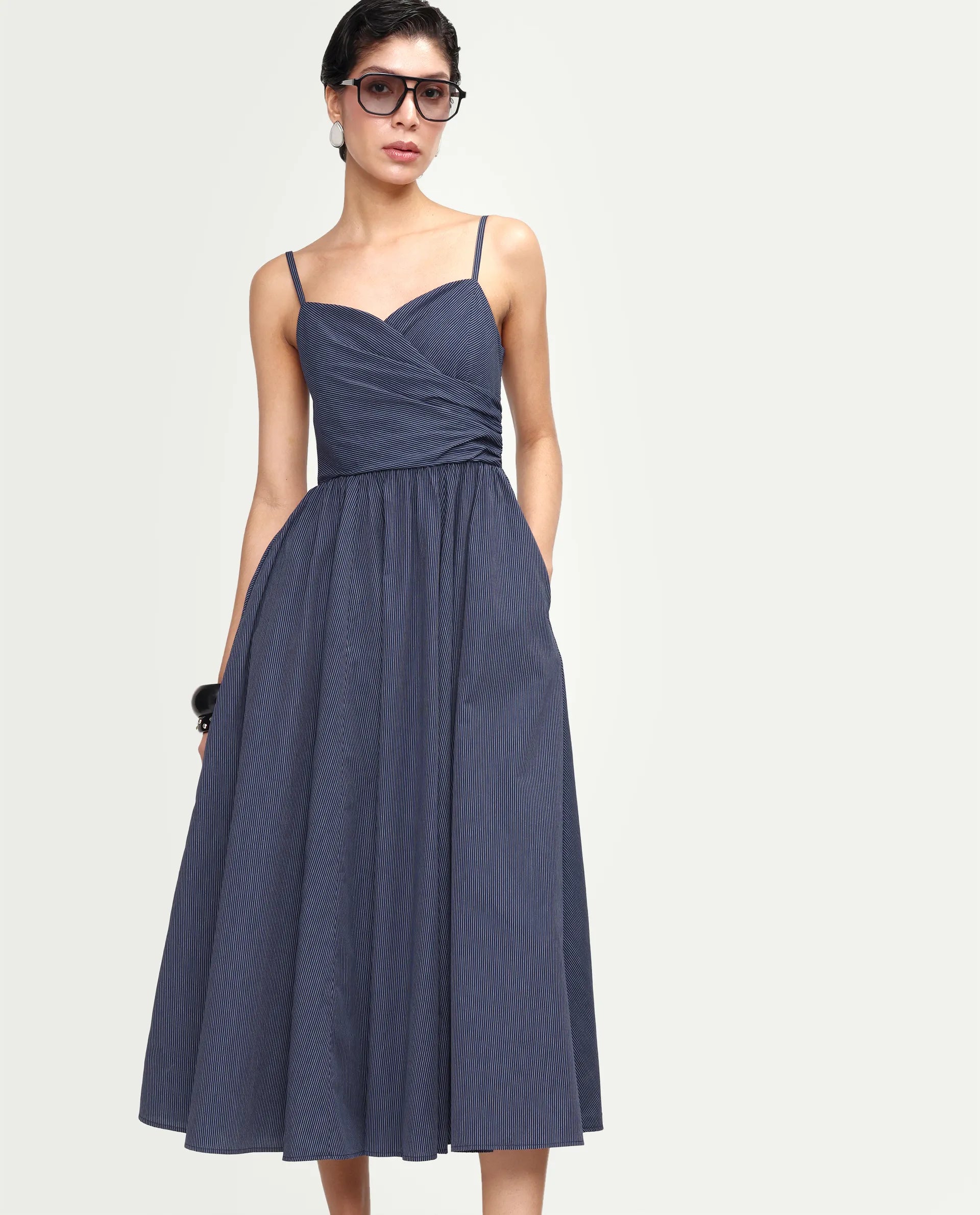 Rareism Women's Kivann Dark Blue Cotton Sweetheart Neck Fit And Flare Striped Dress