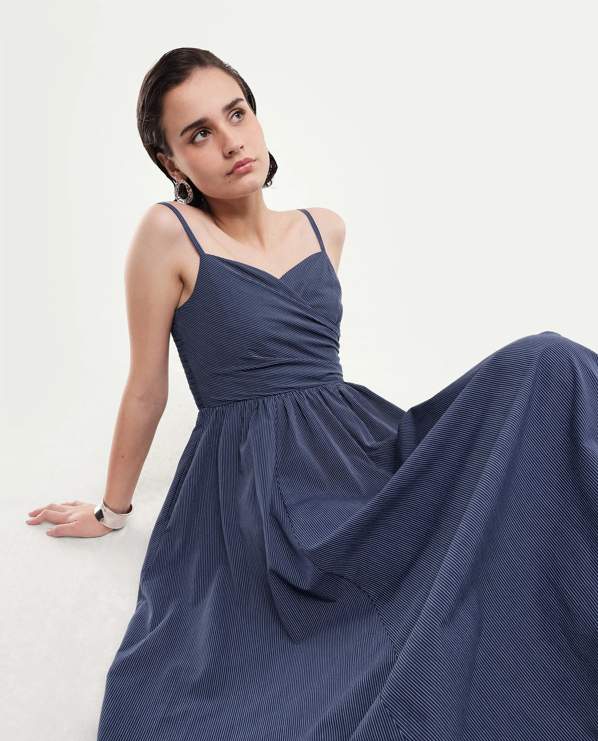 Rareism Women's Kivann Dark Blue Cotton Sweetheart Neck Fit And Flare Striped Dress