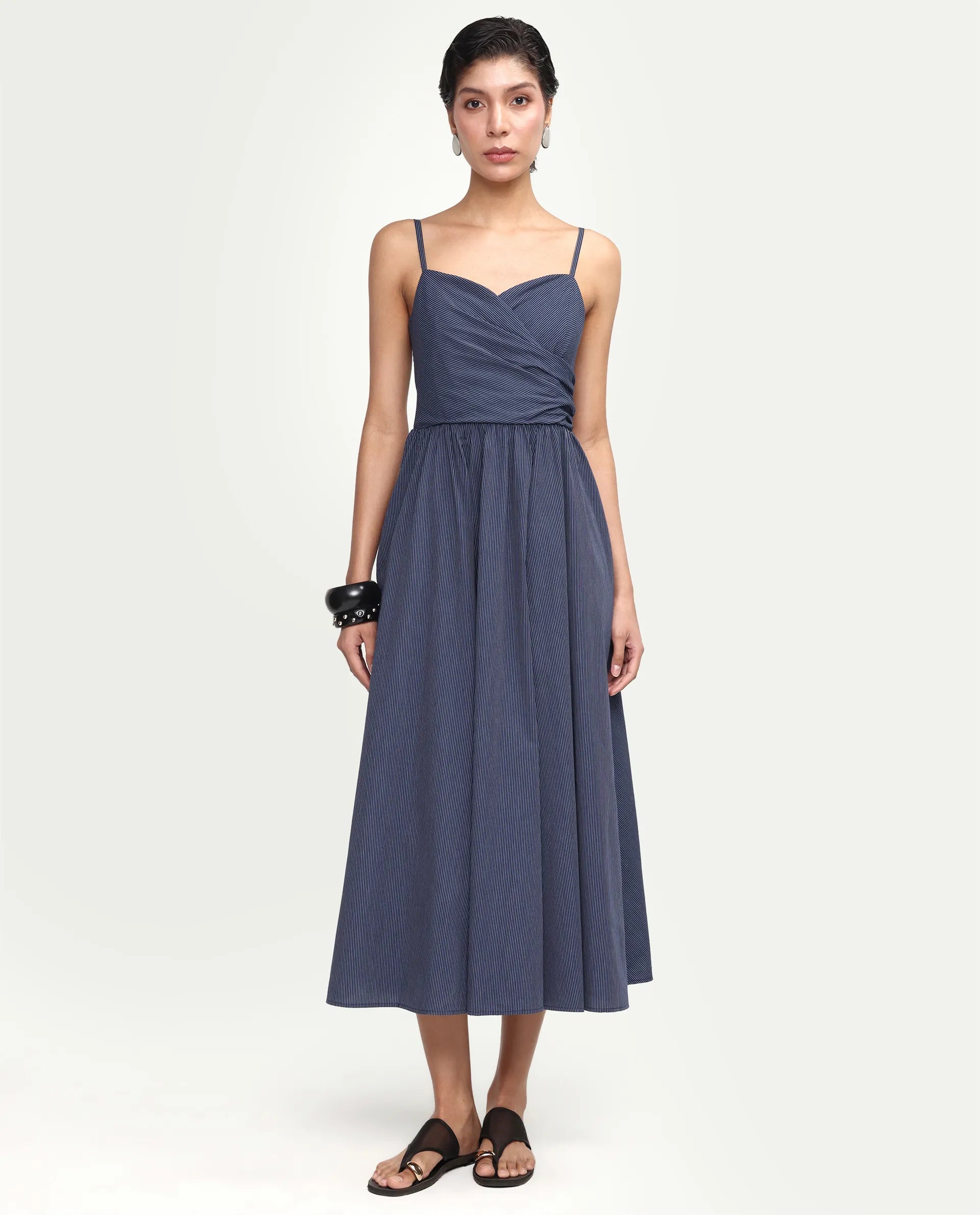 Rareism Women's Kivann Dark Blue Cotton Sweetheart Neck Fit And Flare Striped Dress