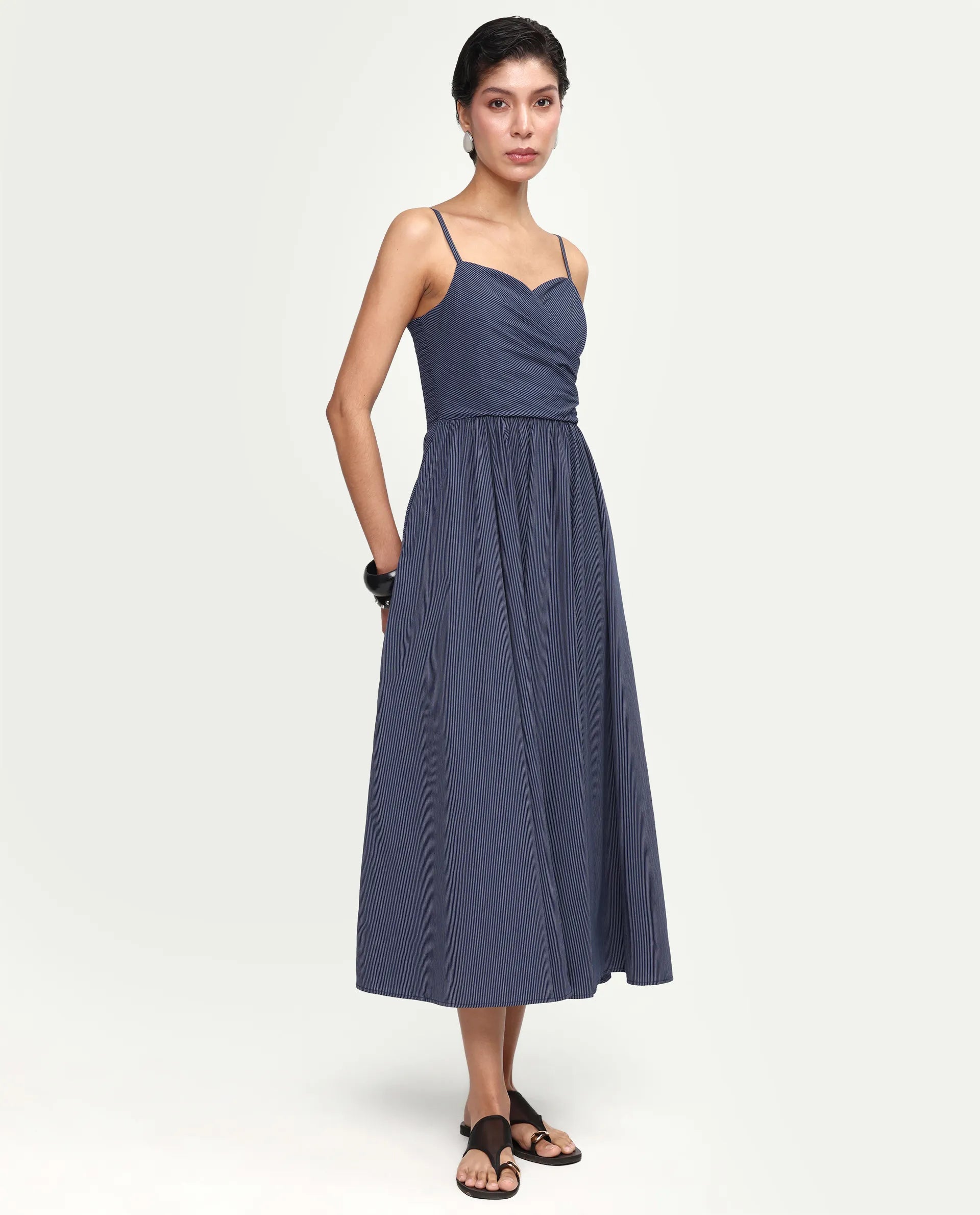 Rareism Women's Kivann Dark Blue Cotton Sweetheart Neck Fit And Flare Striped Dress
