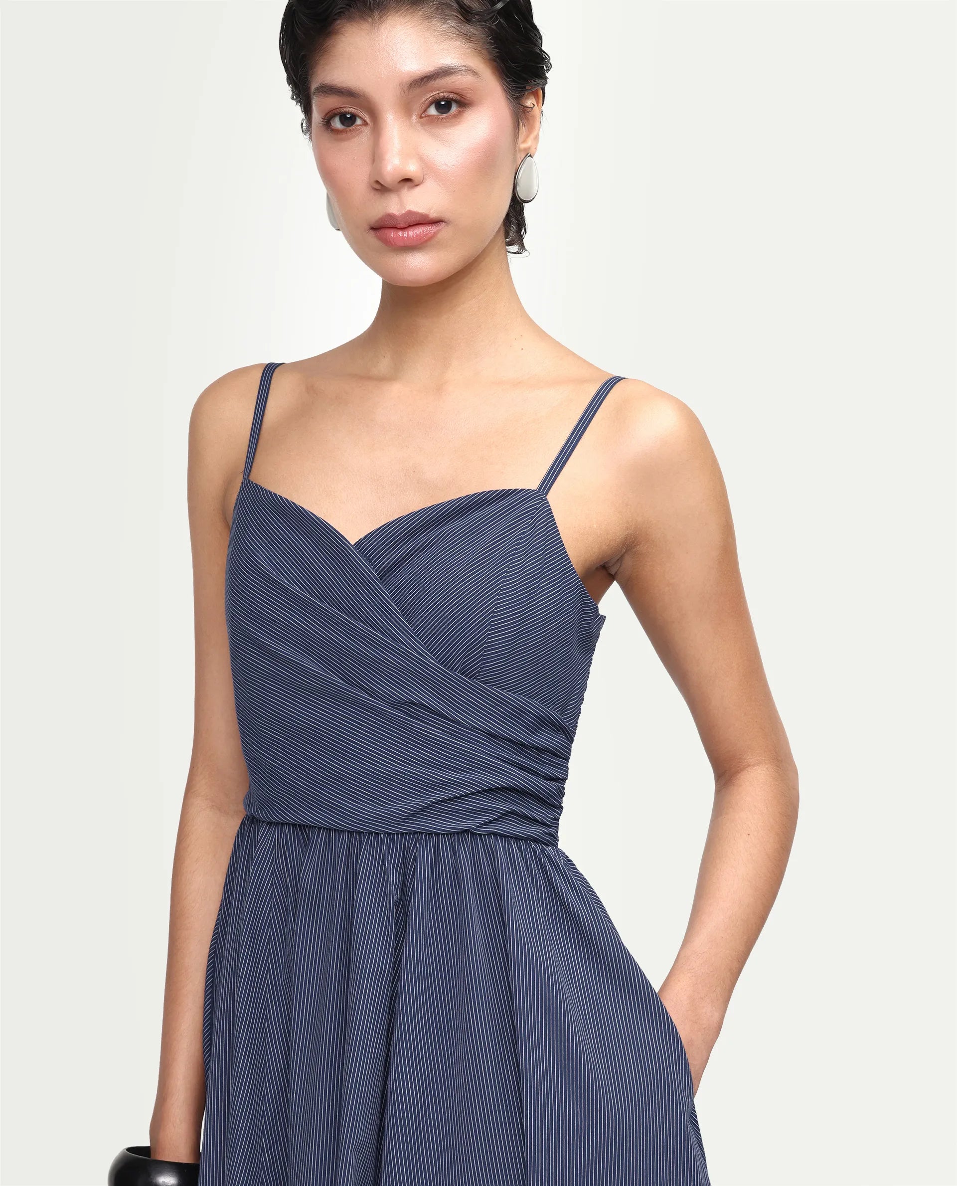 Rareism Women's Kivann Dark Blue Cotton Sweetheart Neck Fit And Flare Striped Dress