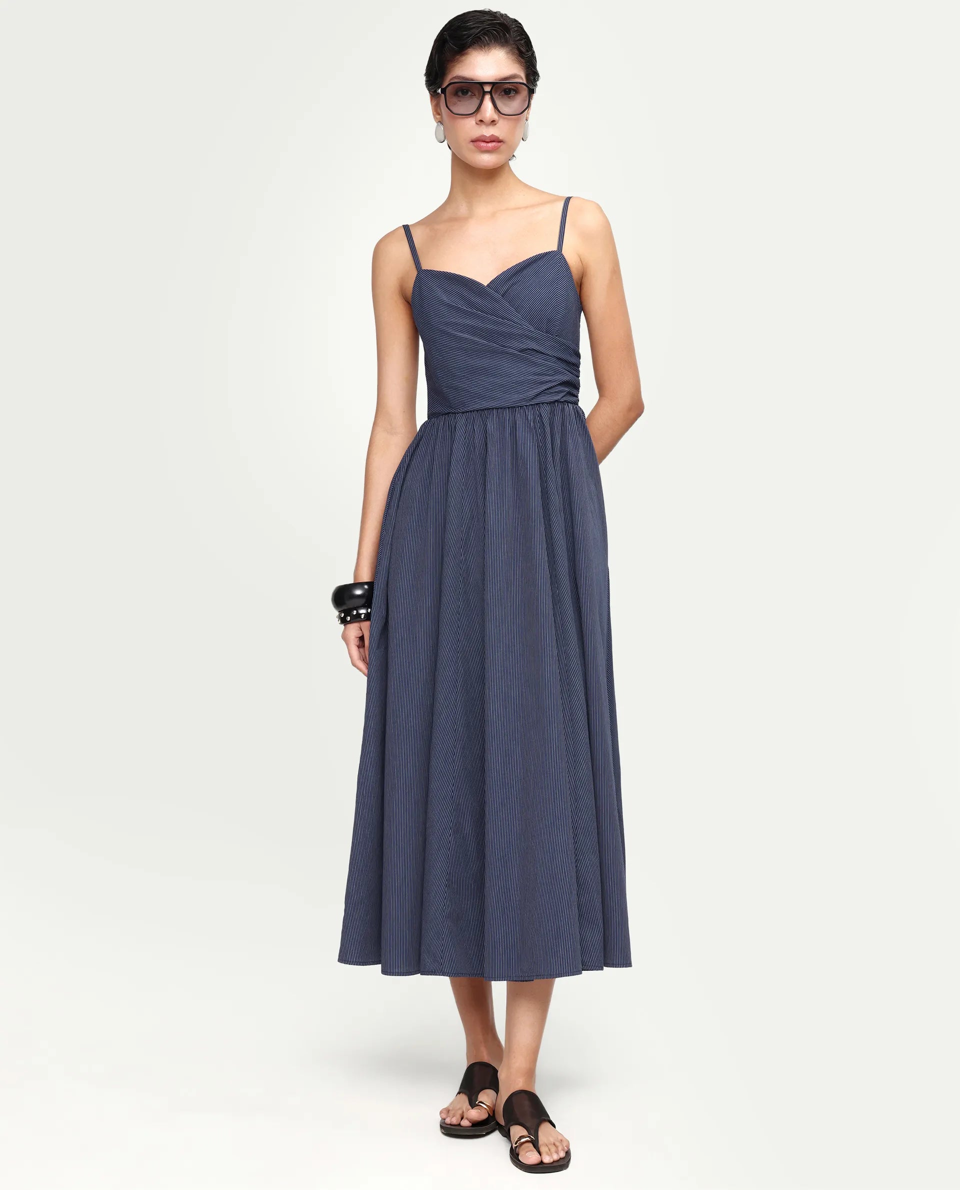 Rareism Women's Kivann Dark Blue Cotton Sweetheart Neck Fit And Flare Striped Dress