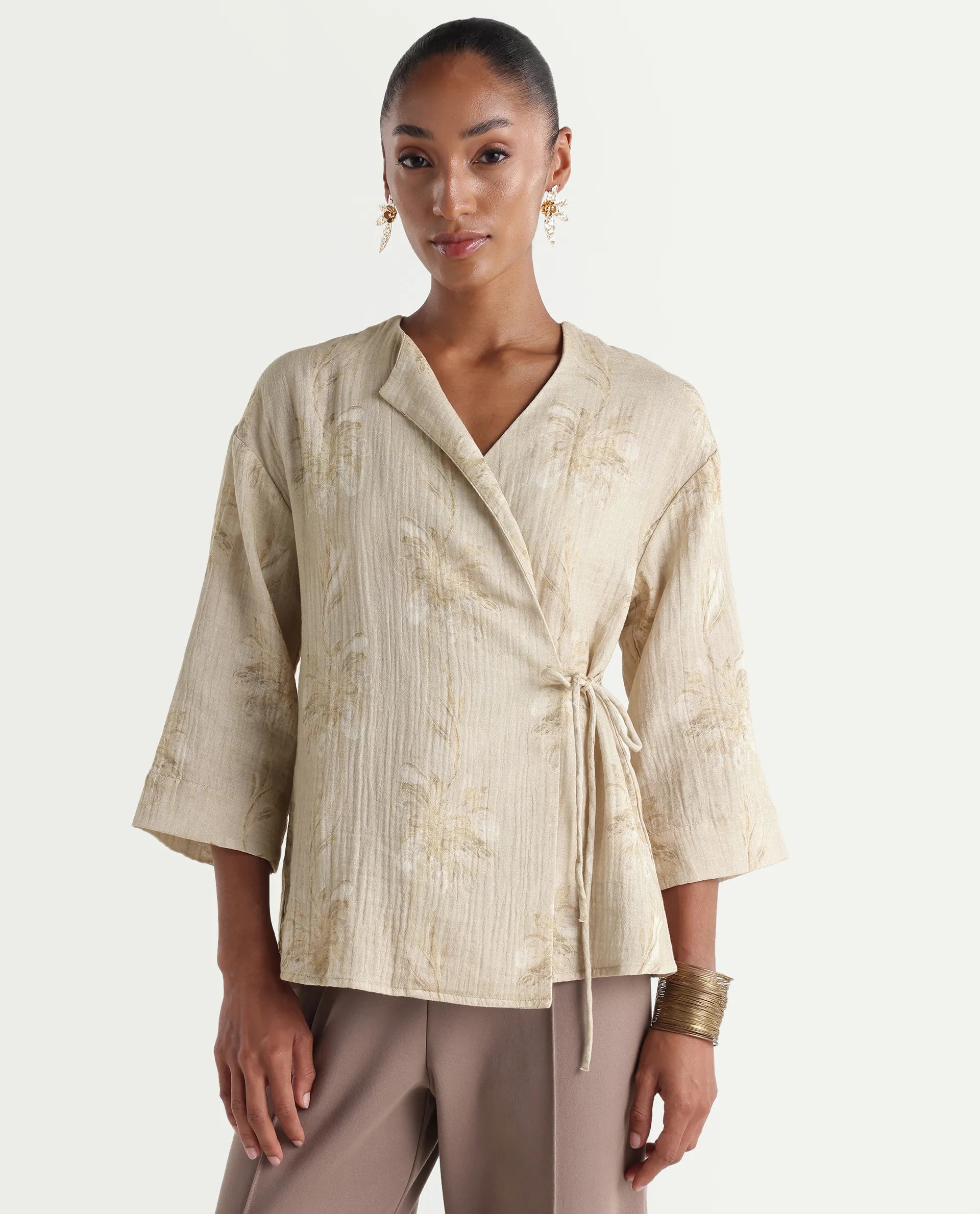 Rareism Women's Kloe-T Beige Cotton Over Lap Regular Floral Print Top