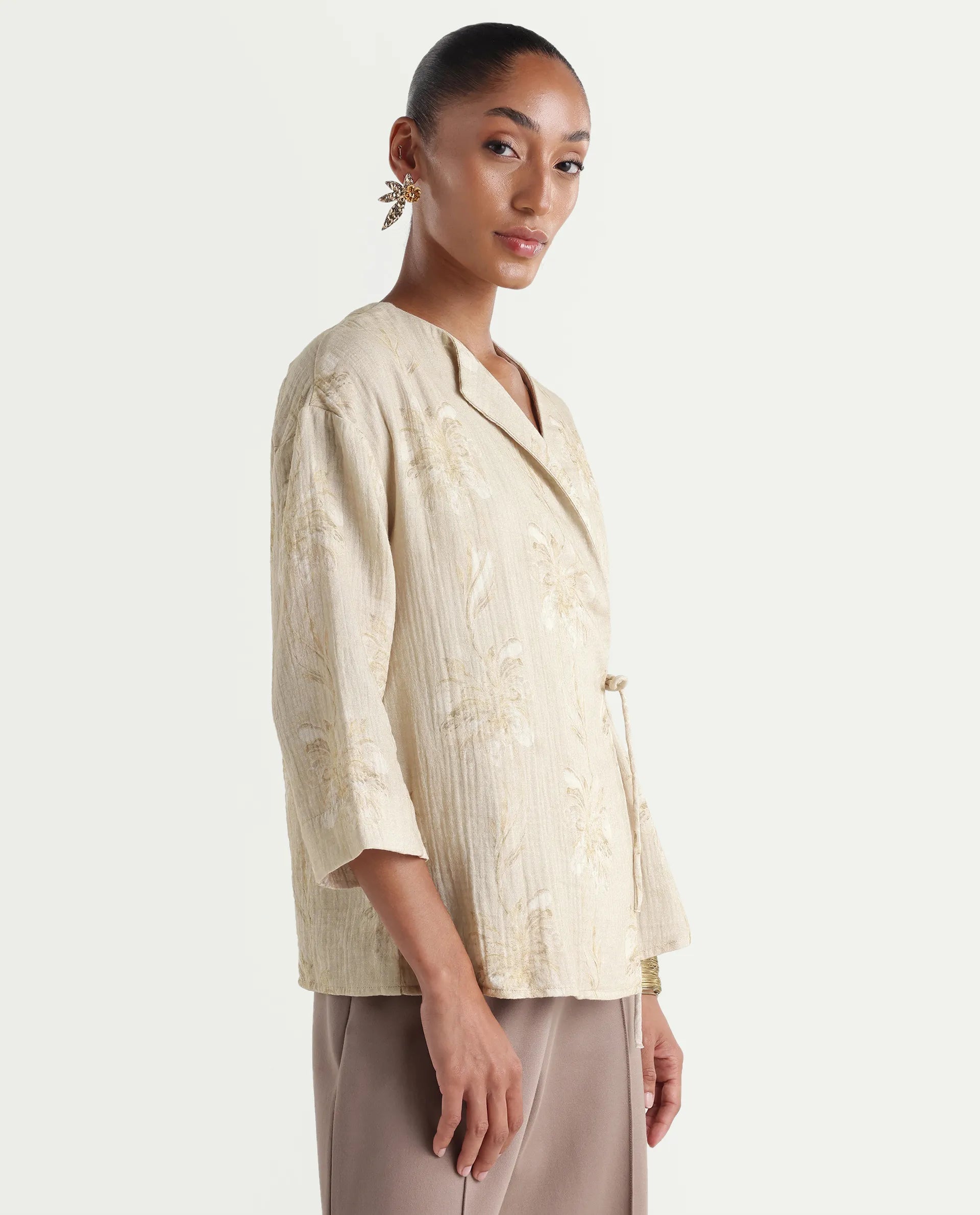Rareism Women's Kloe-T Beige Cotton Over Lap Regular Floral Print Top