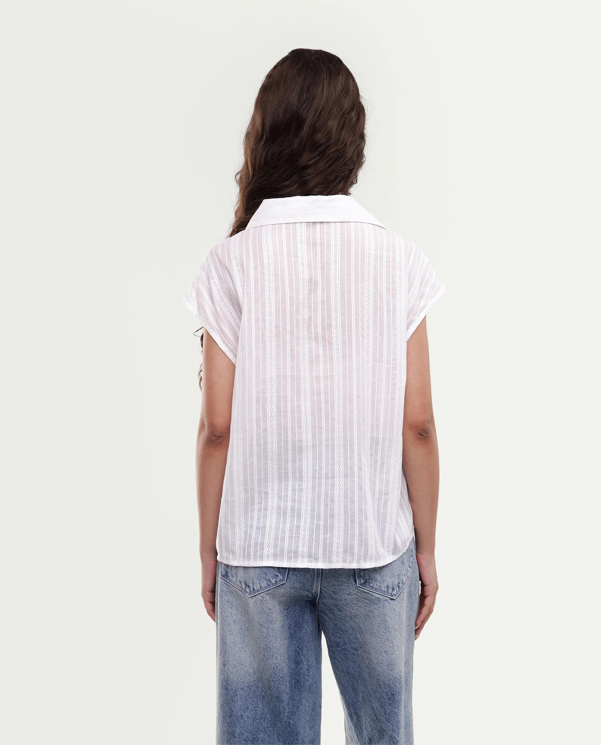 Rareism Women's Koya Off White Cotton Mandarin Collar Regular Plain Top
