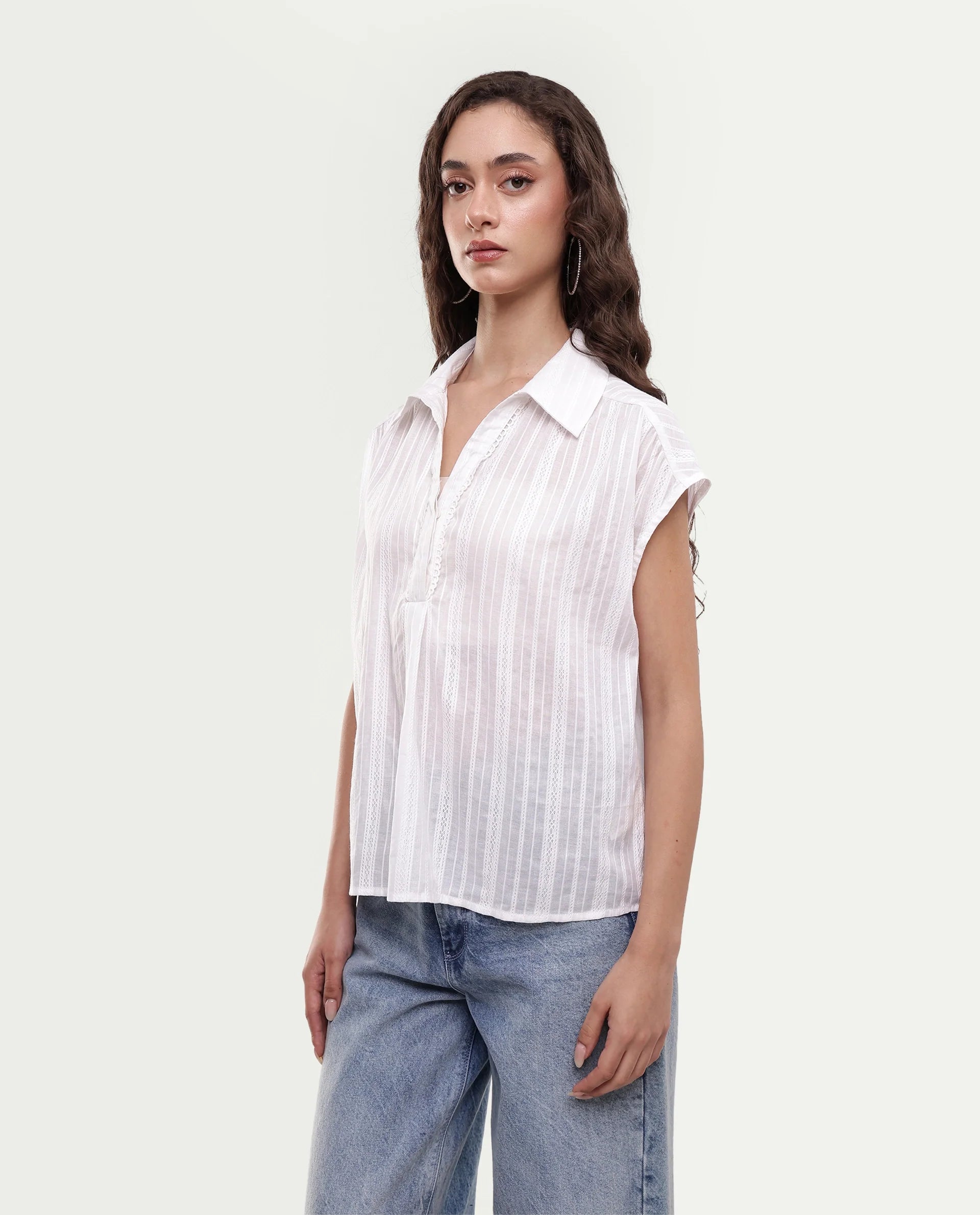 Rareism Women's Koya Off White Cotton Mandarin Collar Regular Plain Top