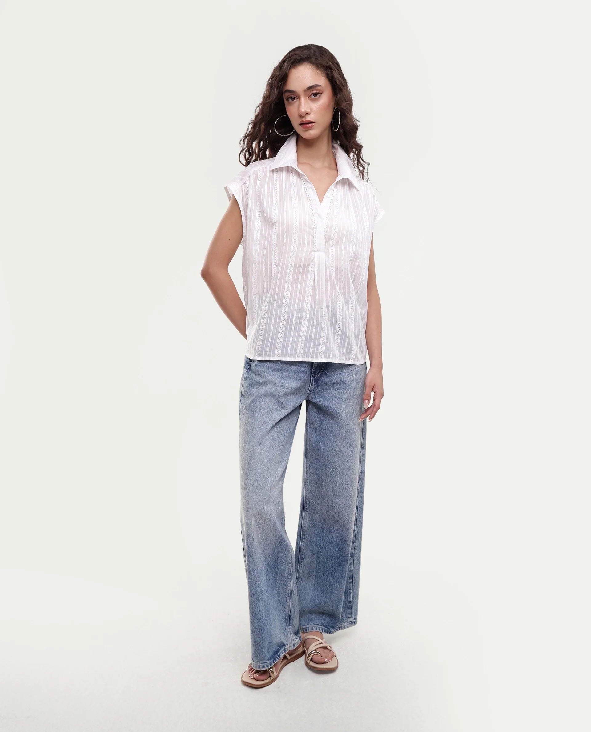 Rareism Women's Koya Off White Cotton Mandarin Collar Regular Plain Top