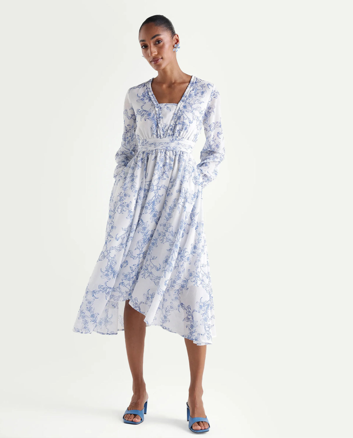 Rareism Women's Kriko Off White Polyester Ruffled Neck Asymmetric Ornamental Print Dress