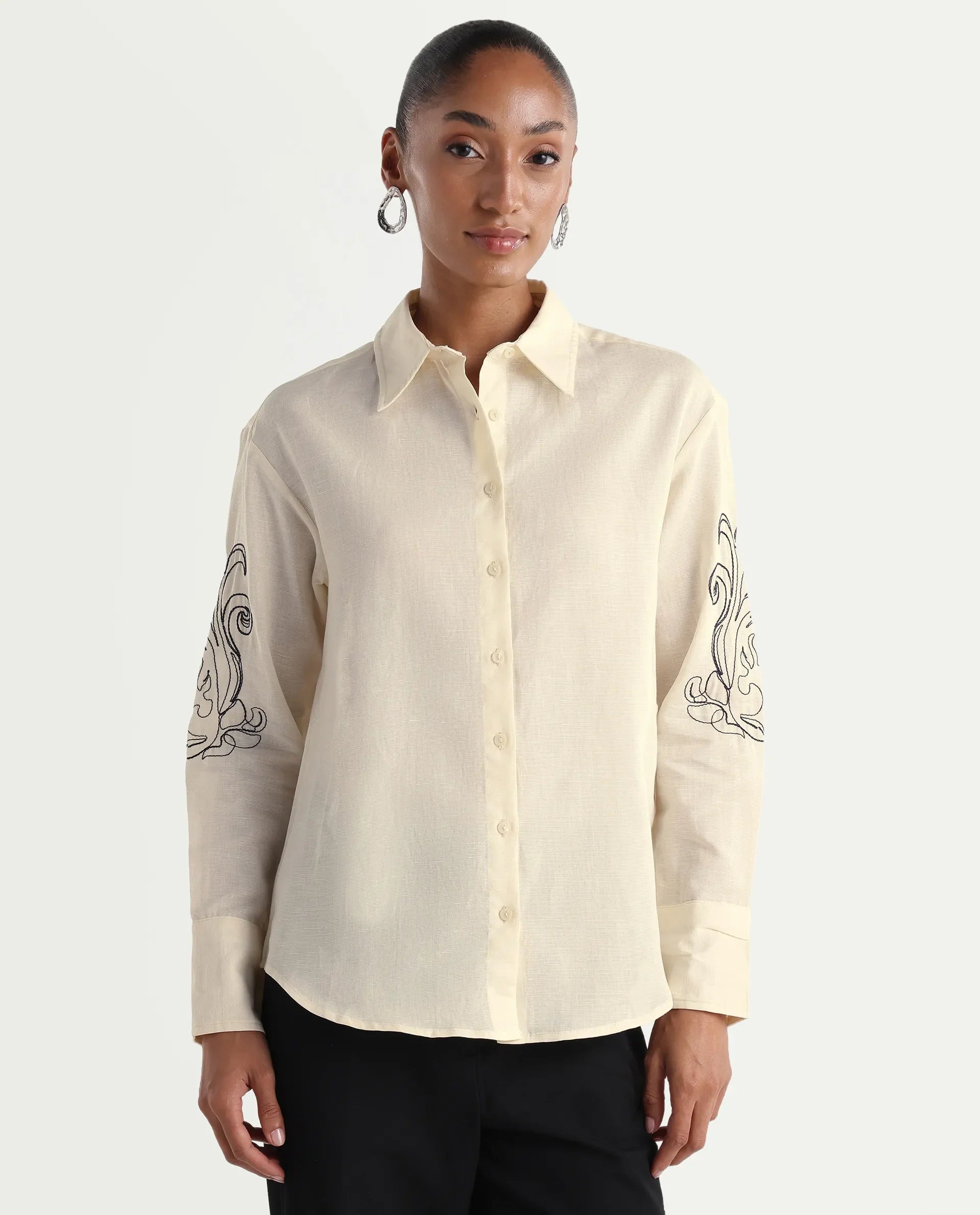 Rareism Women's Kruz Light Beige Linen Spread Collar Relaxed Embroidered Shirt