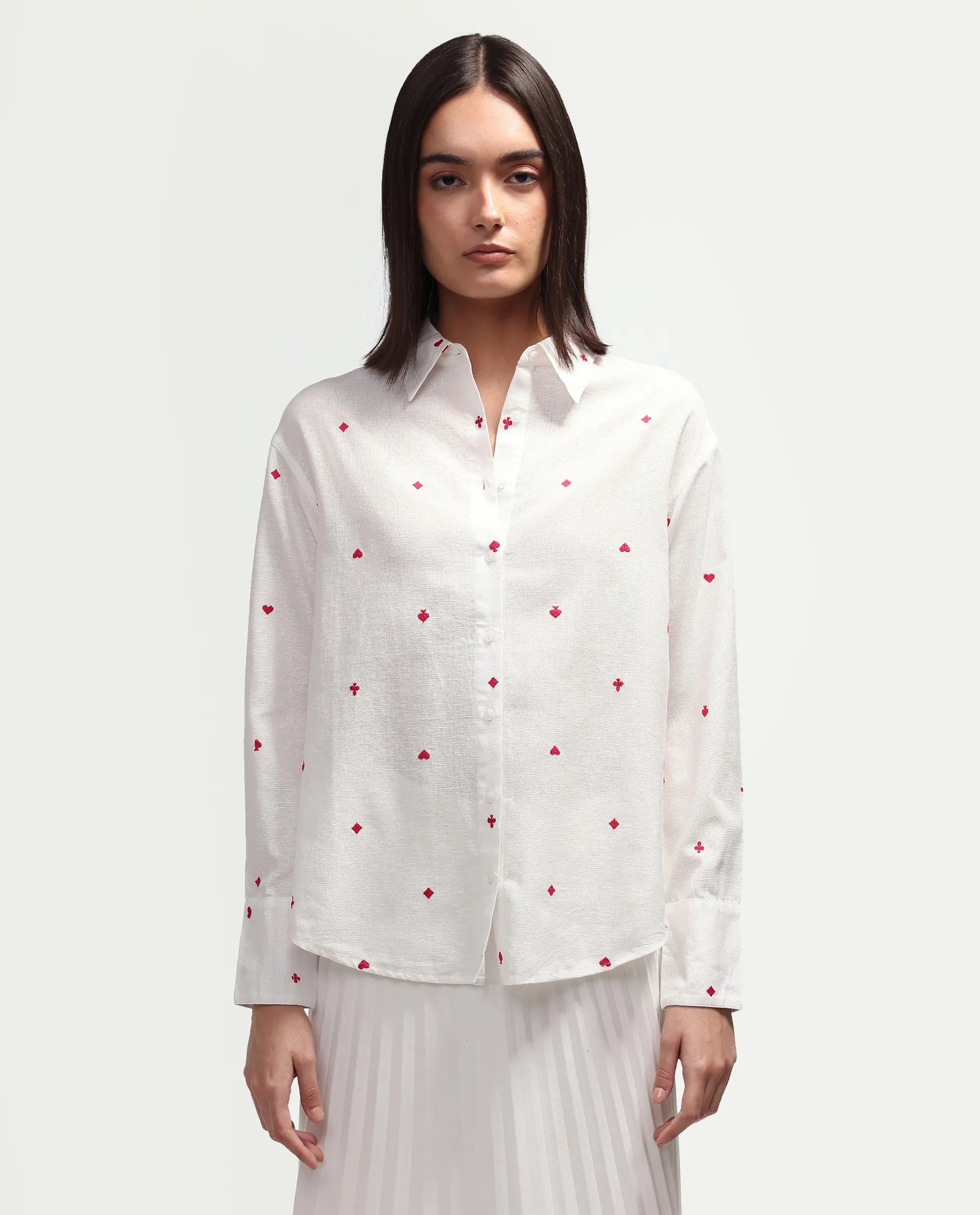 Rareism Women's Melox Off White Cotton Blend Full Sleeve Spread Collar Relaxed Plain Shirt