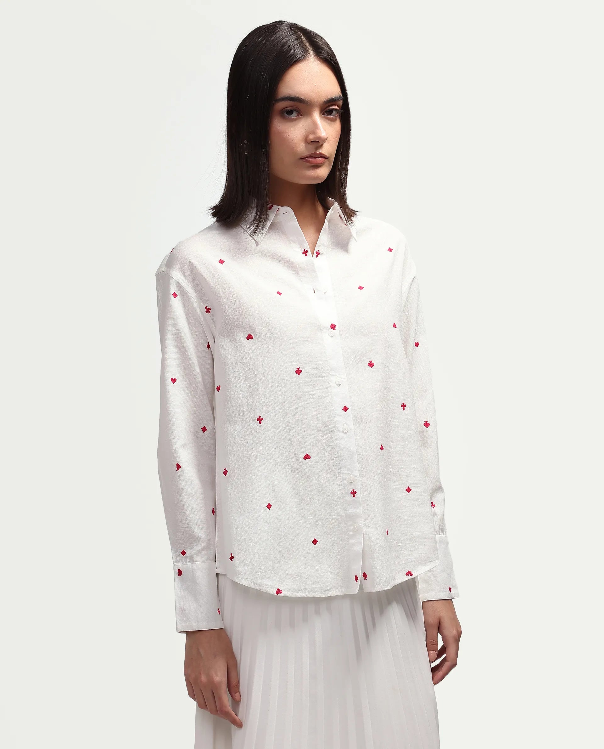 Rareism Women's Melox Off White Cotton Blend Full Sleeve Spread Collar Relaxed Plain Shirt