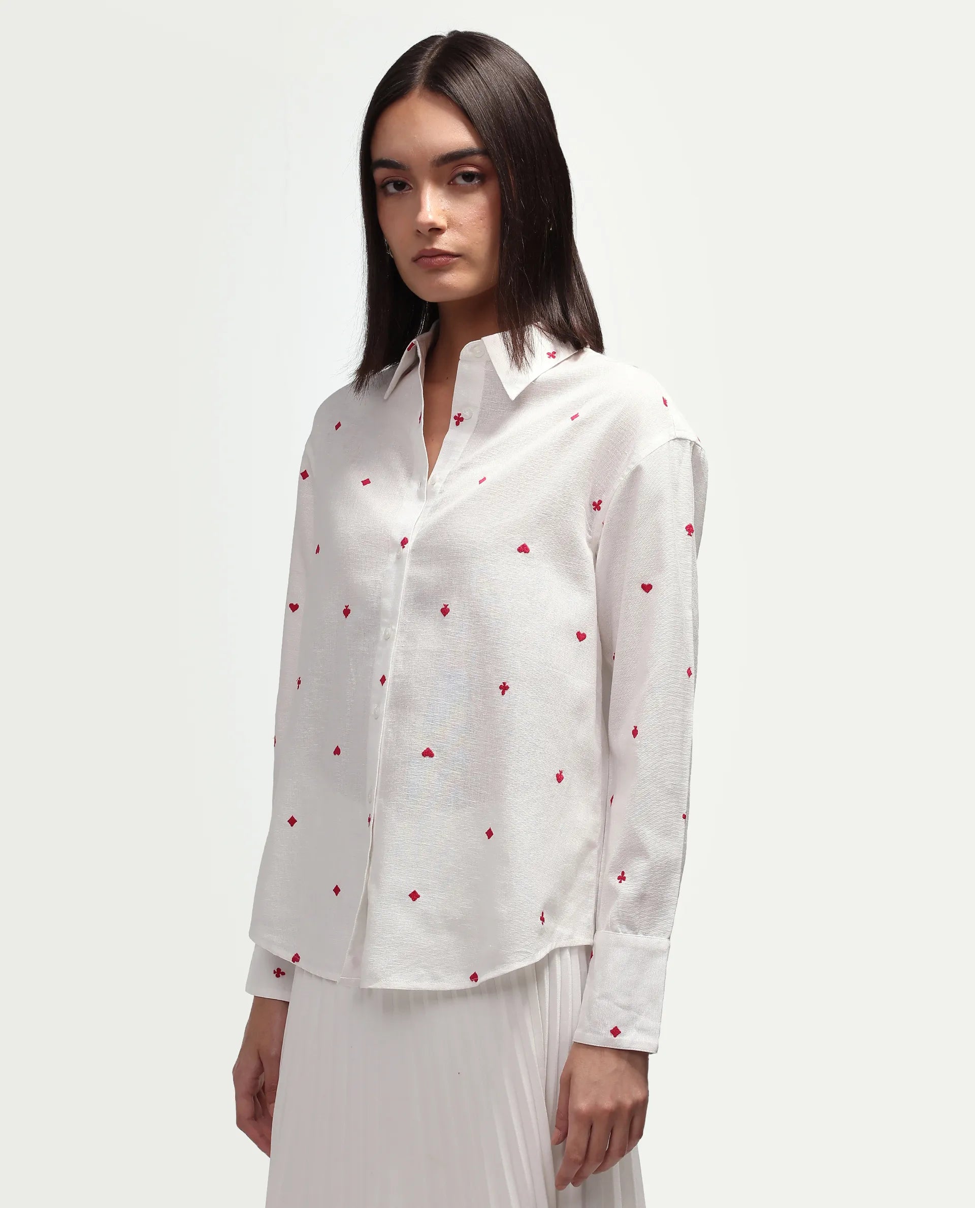 Rareism Women's Melox Off White Cotton Blend Full Sleeve Spread Collar Relaxed Plain Shirt