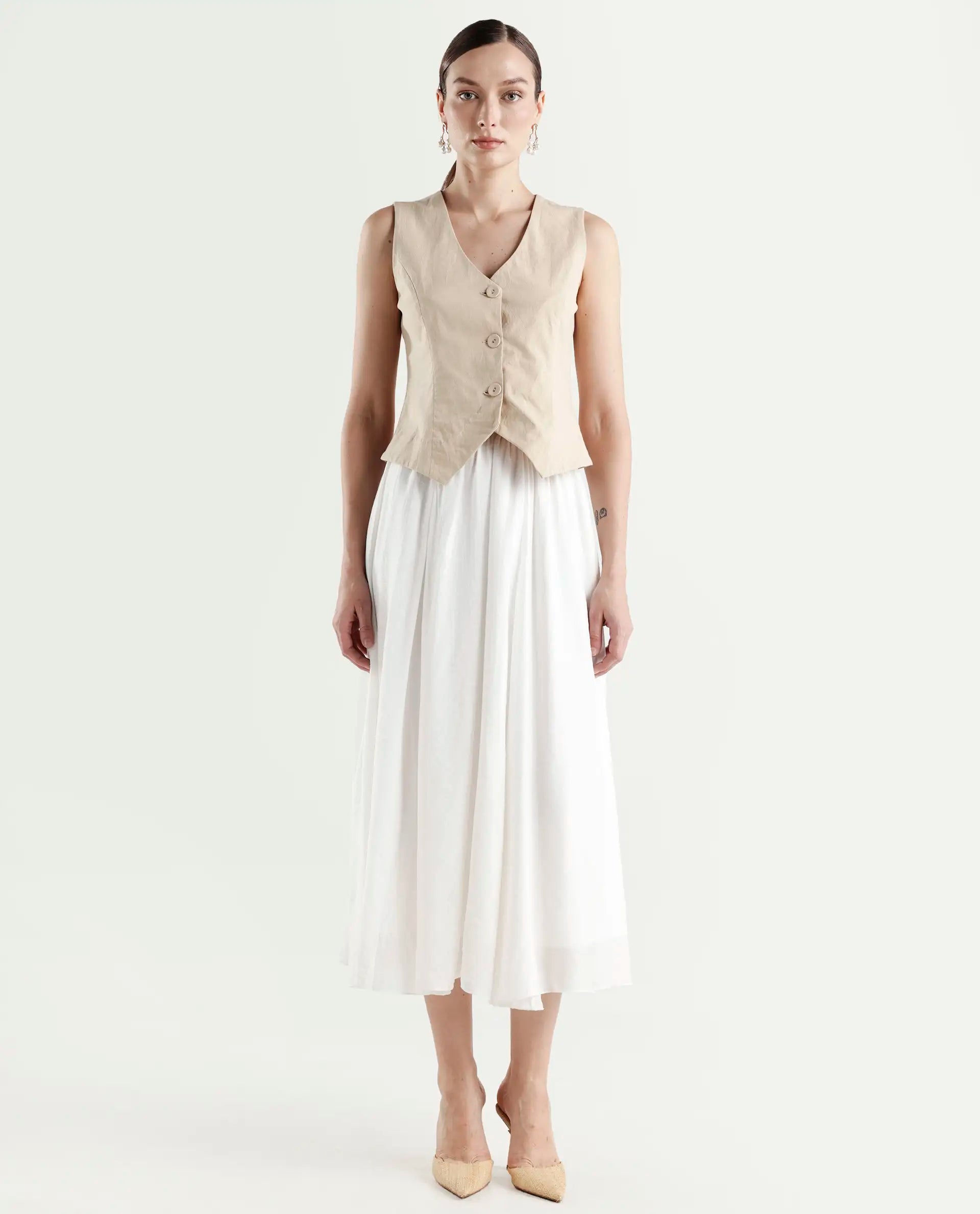 Rareism Women's Misky Off White Viscose Blend A-Line Plain Skirt