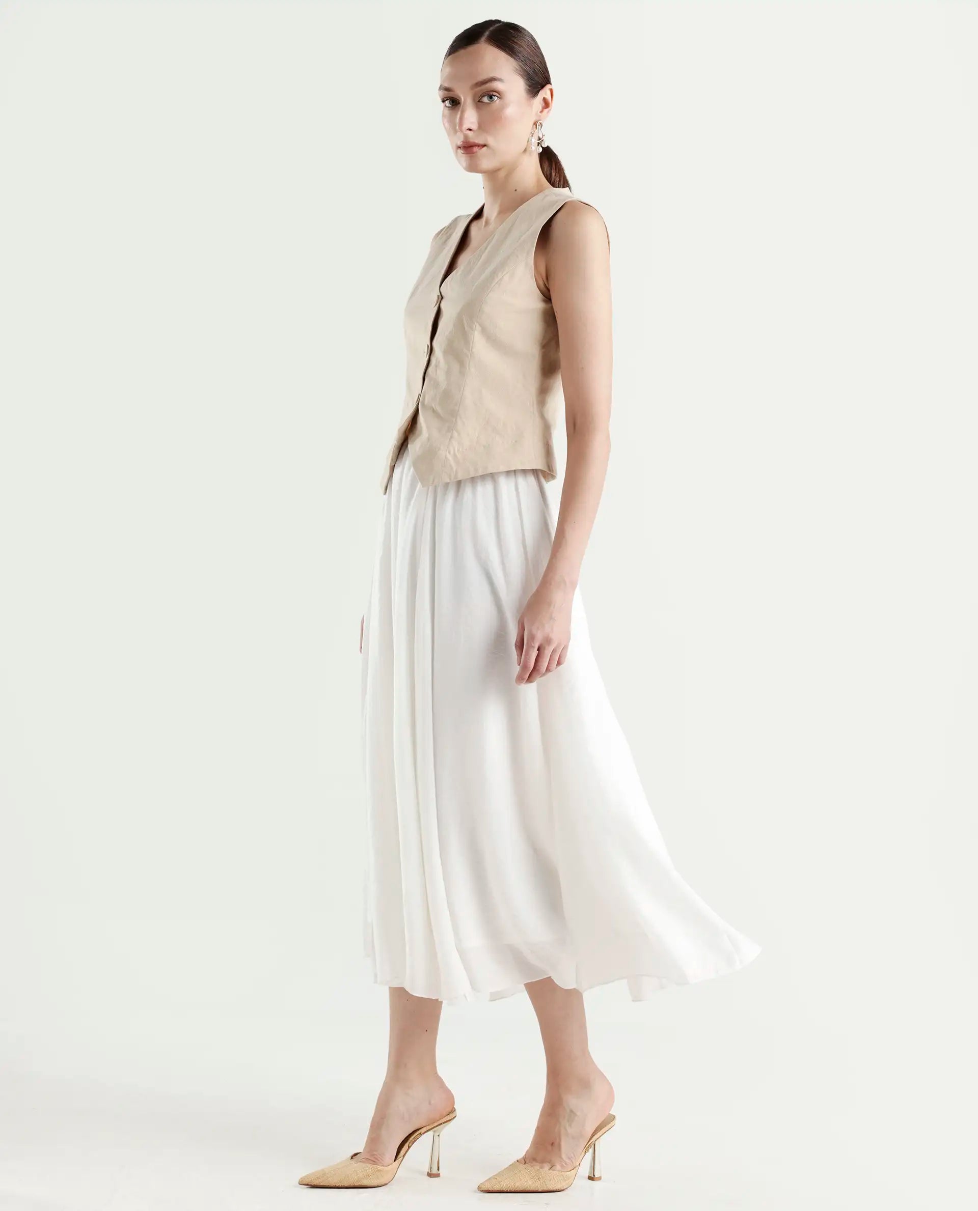 Rareism Women's Misky Off White Viscose Blend A-Line Plain Skirt