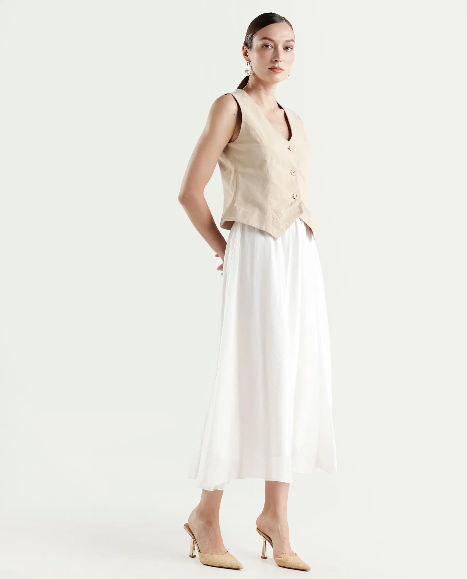 Rareism Women's Misky Off White Viscose Blend A-Line Plain Skirt