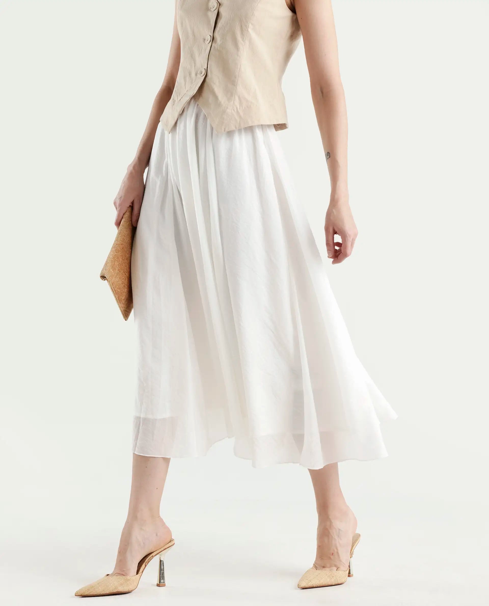 Rareism Women's Misky Off White Viscose Blend A-Line Plain Skirt