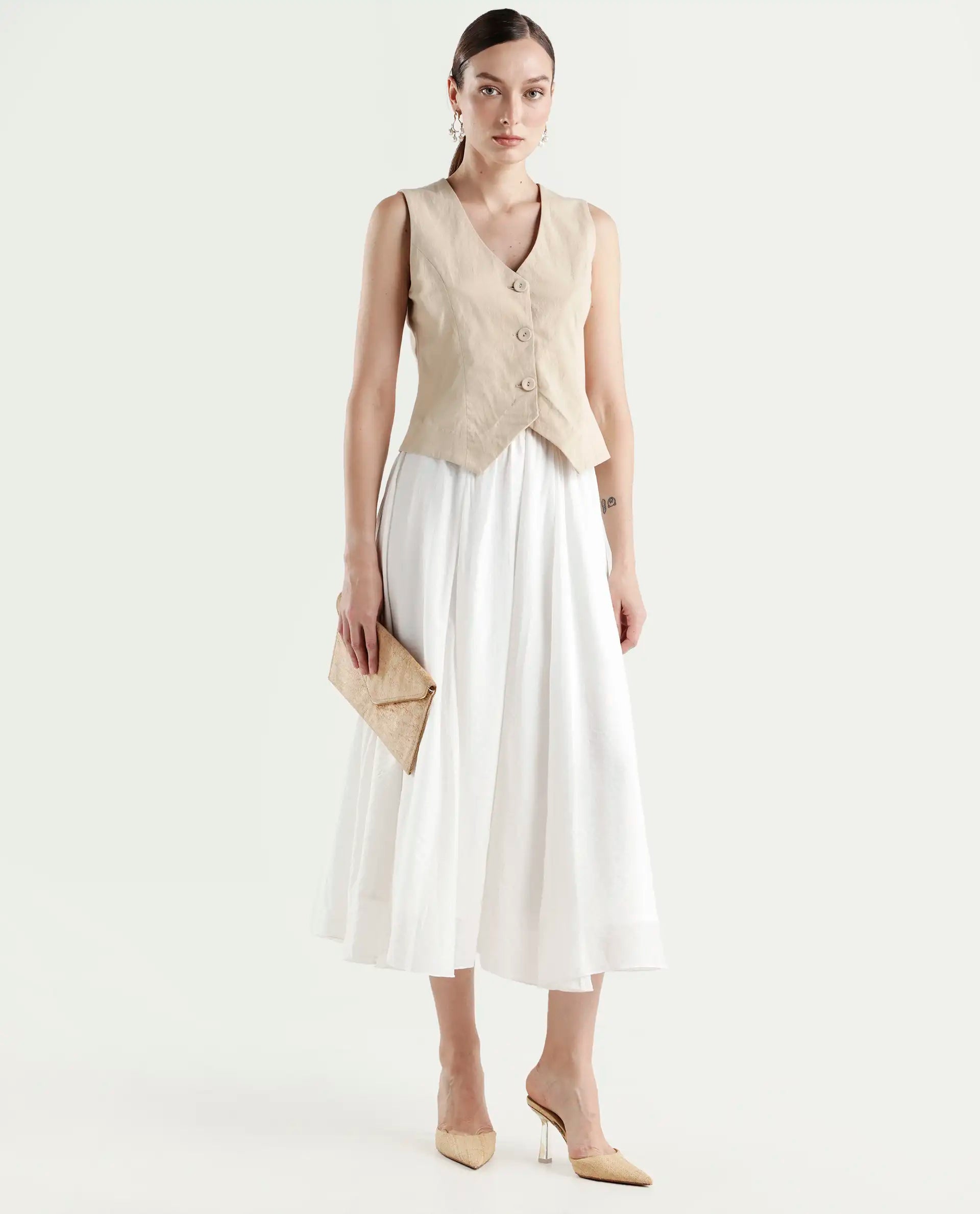 Rareism Women's Misky Off White Viscose Blend A-Line Plain Skirt