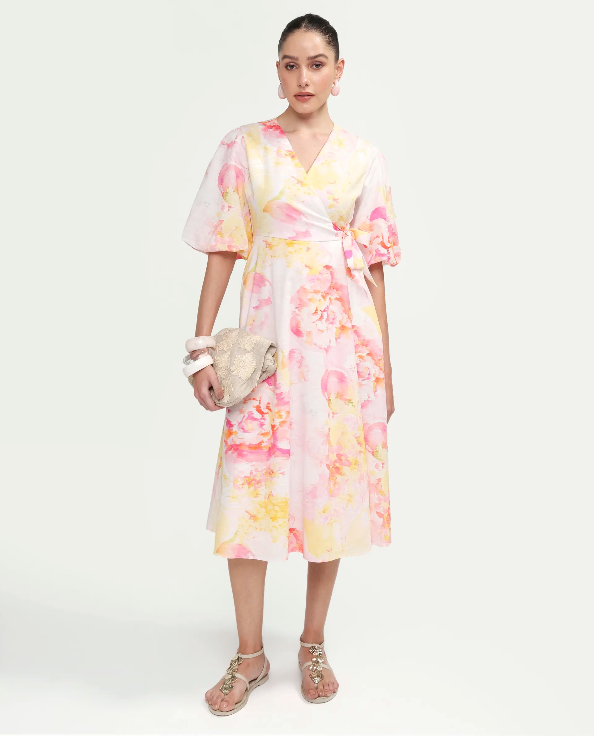 Rareism Women's Mizi Multi Cotton Half Sleeve Over Lap Flared Floral Print Dress