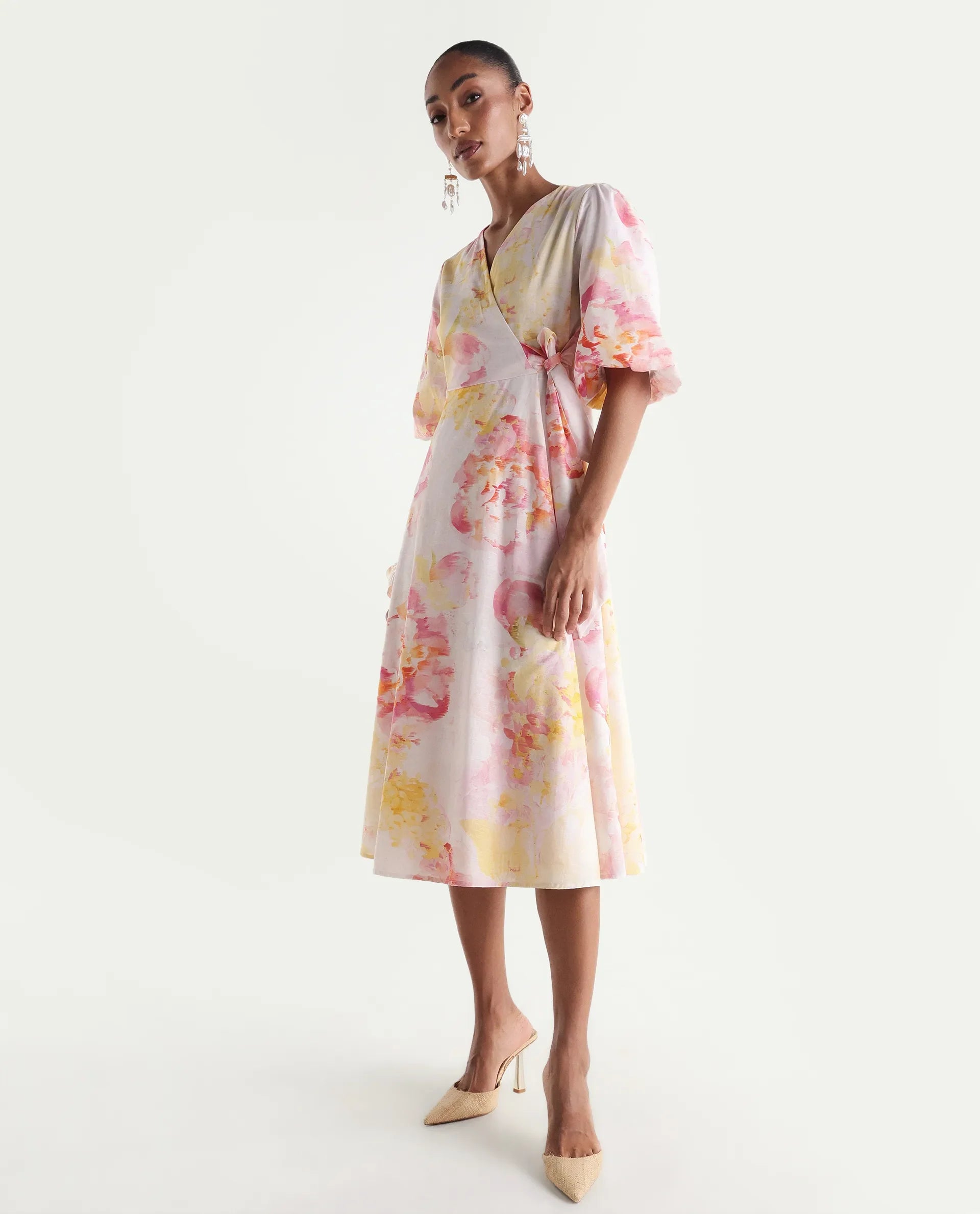 Rareism Women's Mizi Multi Cotton Half Sleeve Over Lap Flared Floral Print Dress