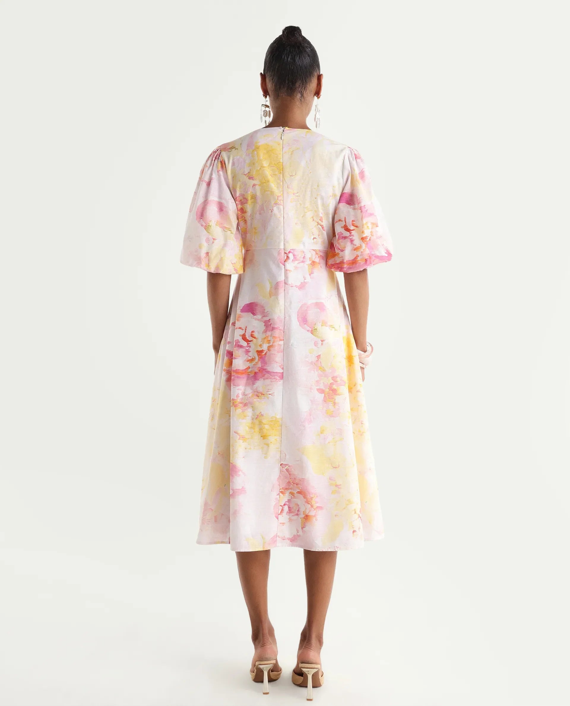 Rareism Women's Mizi Multi Cotton Half Sleeve Over Lap Flared Floral Print Dress