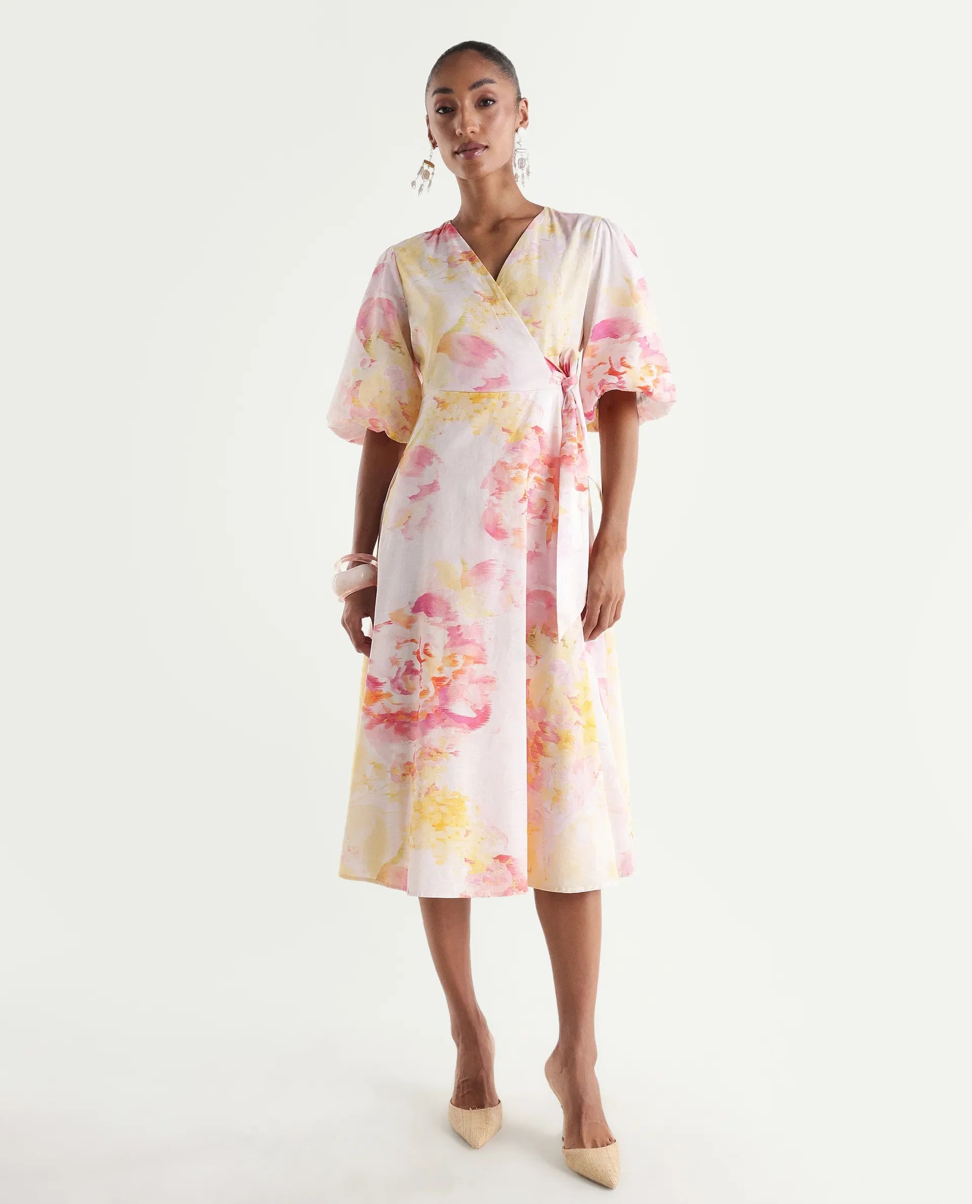 Rareism Women's Mizi Multi Cotton Half Sleeve Over Lap Flared Floral Print Dress