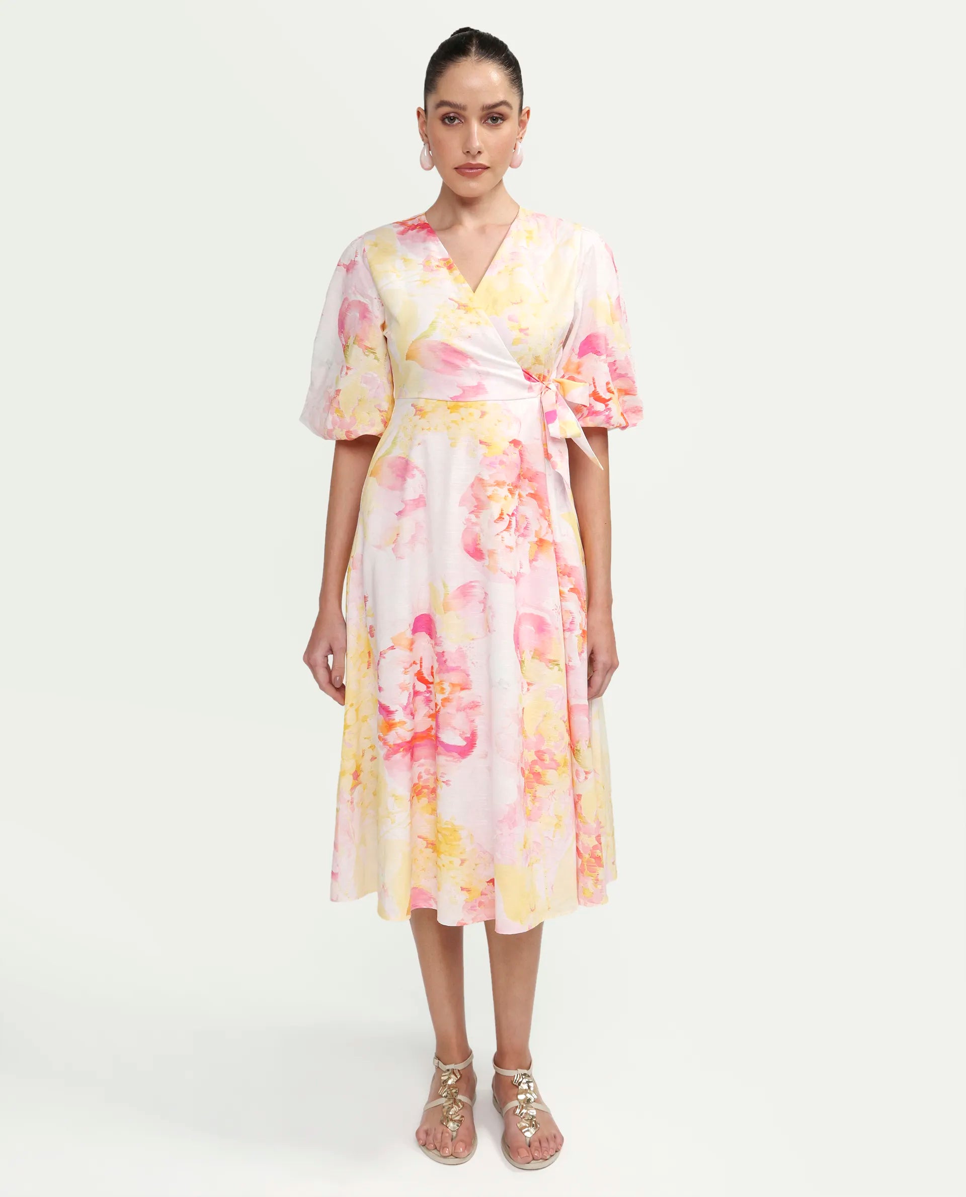 Rareism Women's Mizi Multi Cotton Half Sleeve Over Lap Flared Floral Print Dress