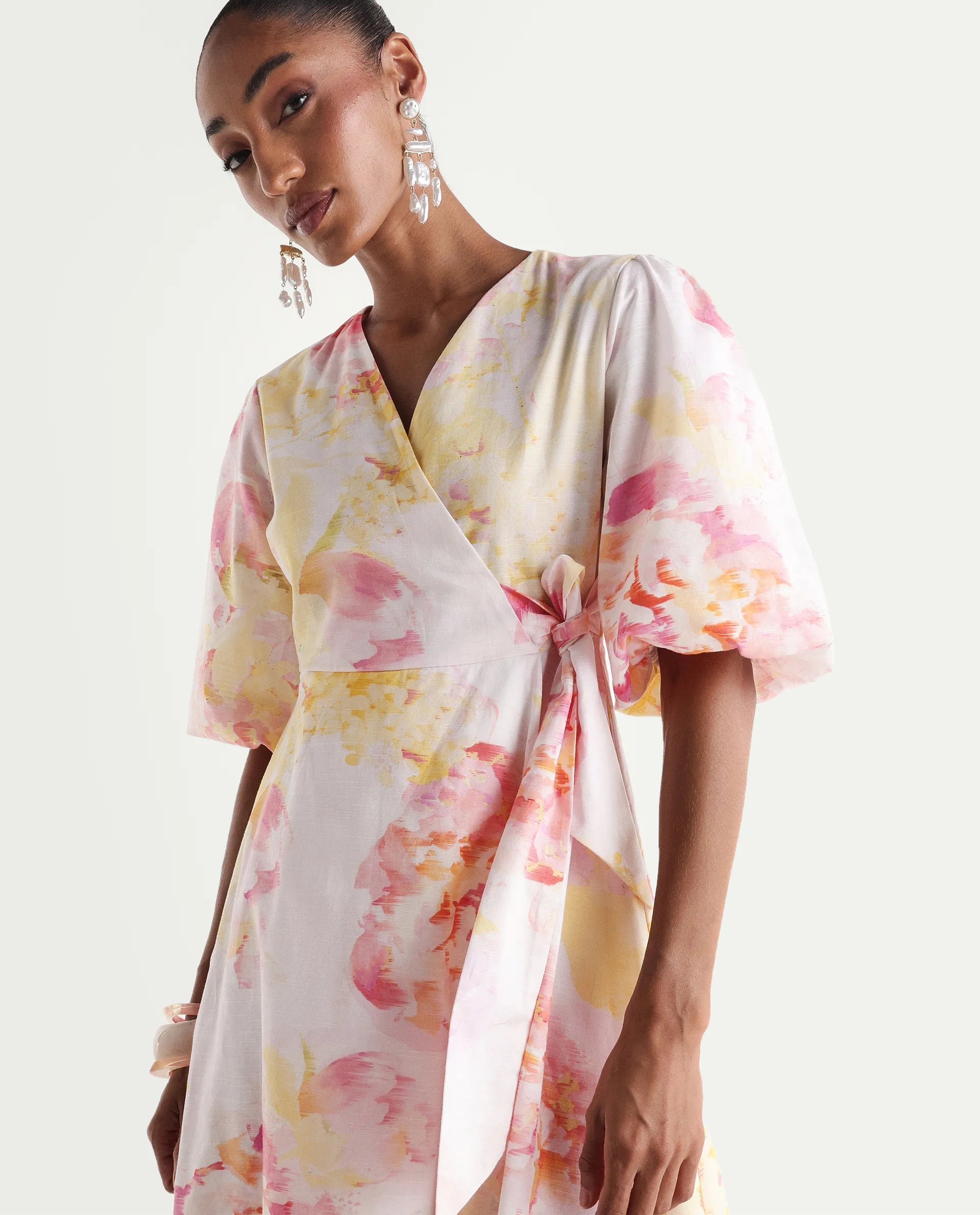 Rareism Women's Mizi Multi Cotton Half Sleeve Over Lap Flared Floral Print Dress